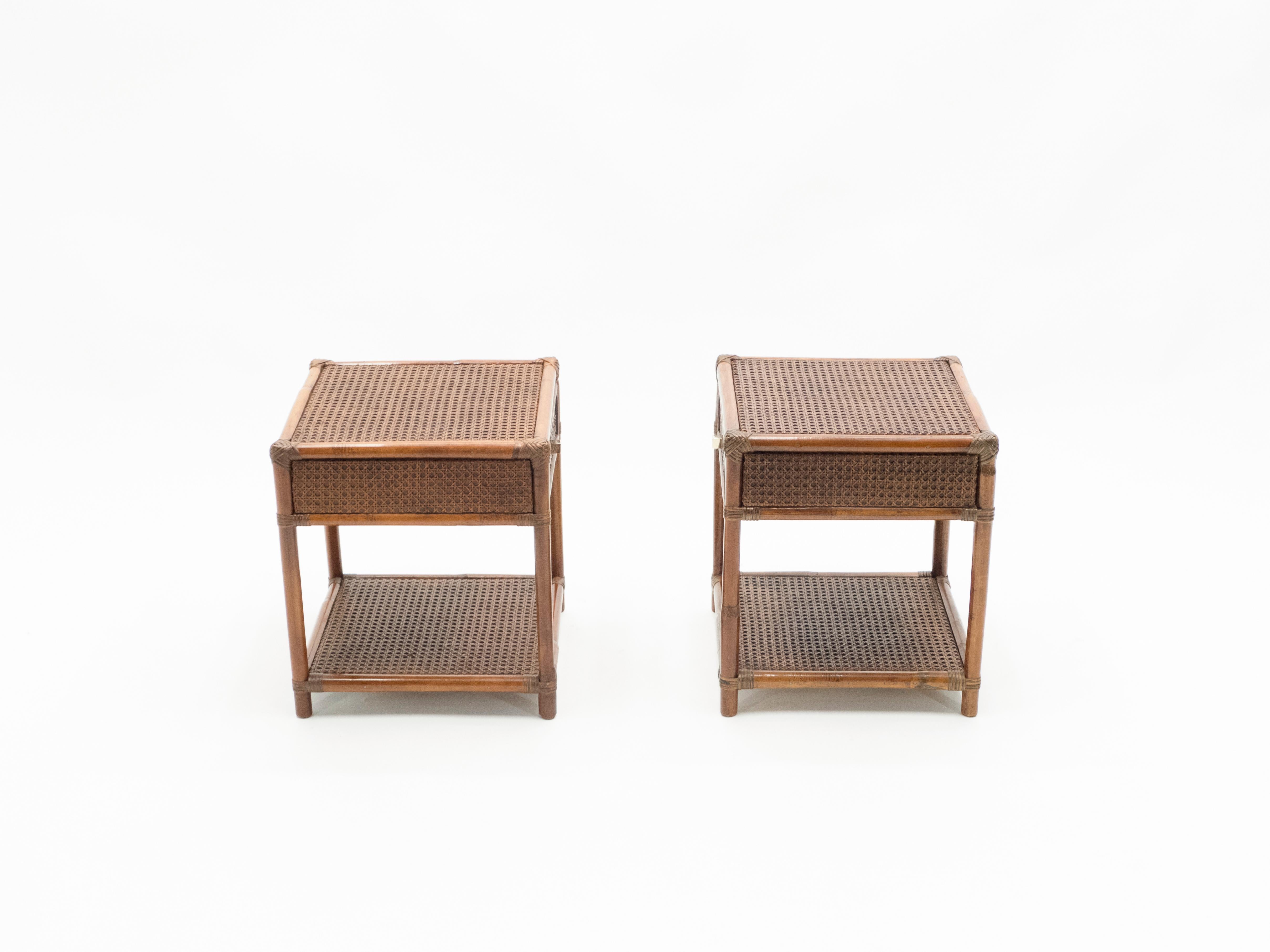 Midcentury French Riviera Cane Bamboo Brass Nightstands, 1960s 4