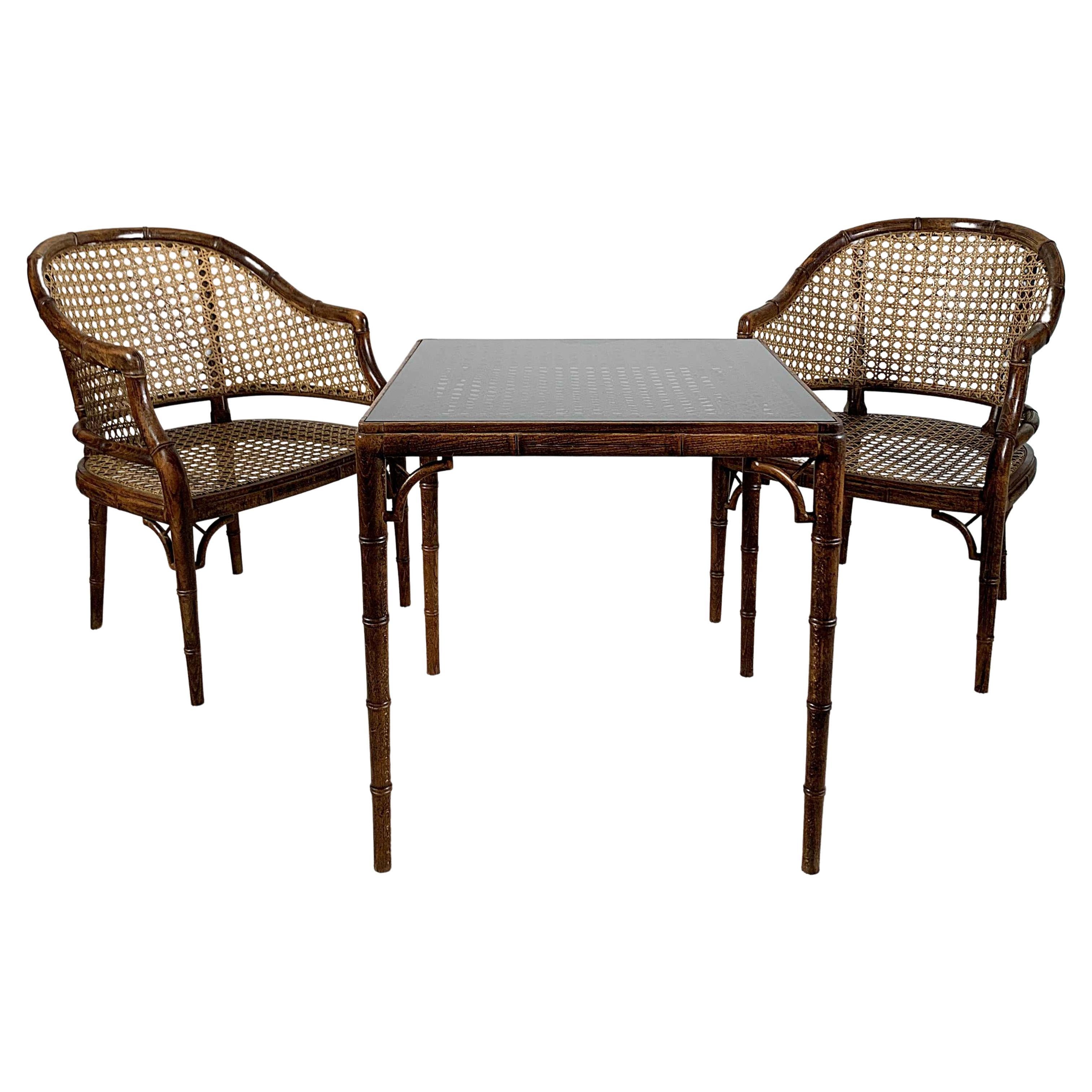Midcentury "French Riviera" Faux Bamboo 
Caned Armchairs and Table