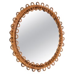 Mid-Century French Riviera Rattan and Bamboo Italian Round Mirror, 1950s