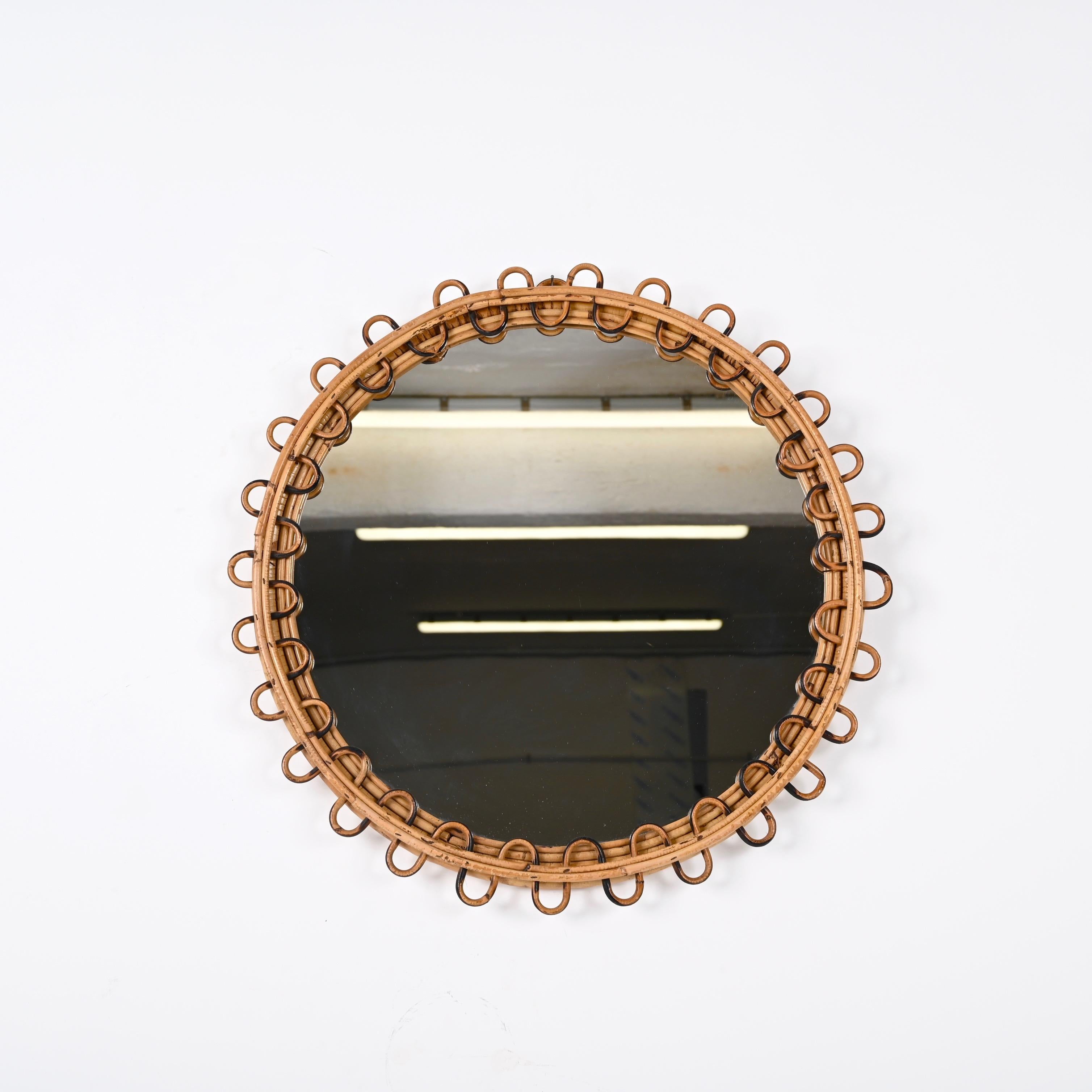 Mid-20th Century Midcentury French Riviera Rattan and Bamboo Italian Round Mirror, 1960s