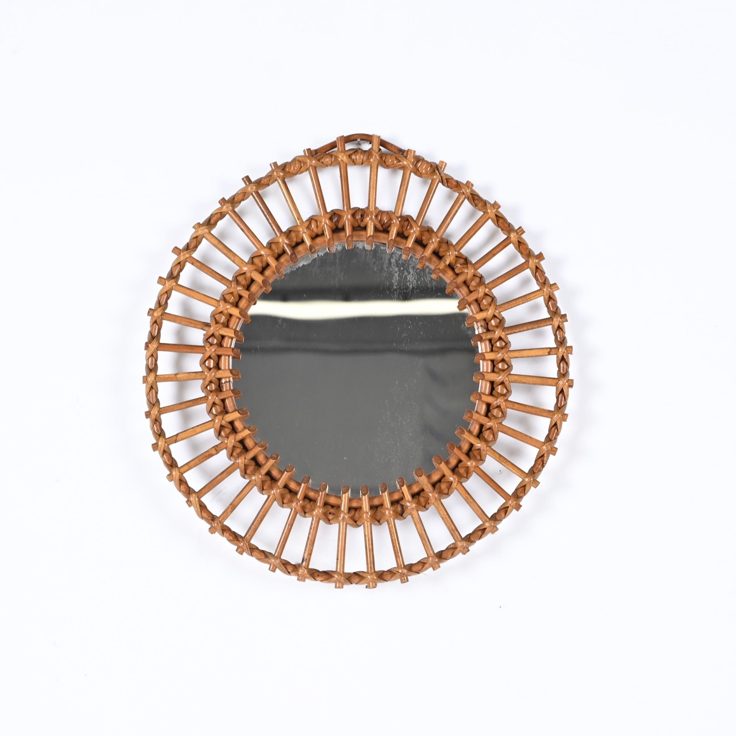 Mid-Century Round Mirror in Rattan and Bamboo, Italy, 1960s For Sale 1