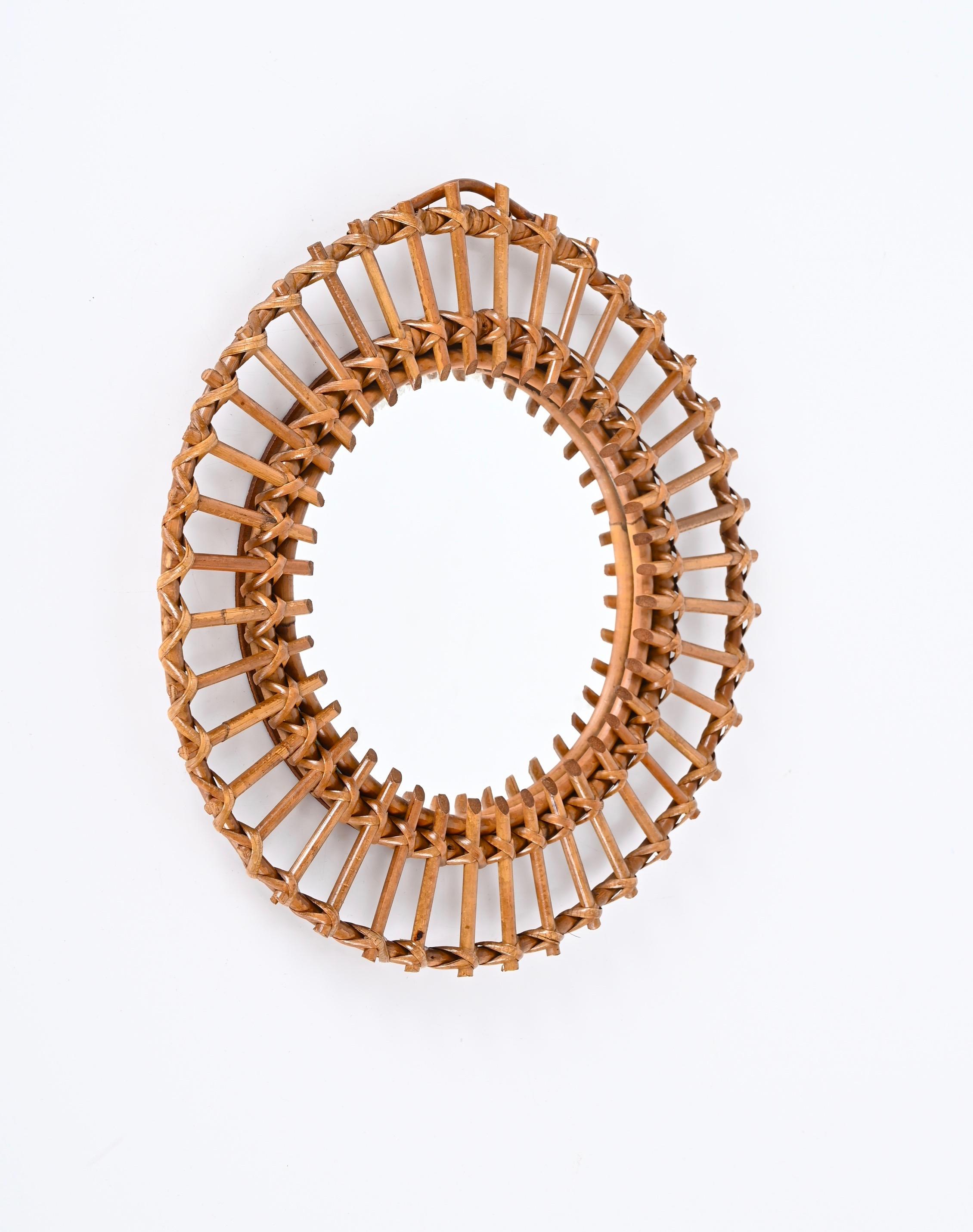 Mid-Century Round Mirror in Rattan and Bamboo, Italy, 1960s For Sale 3
