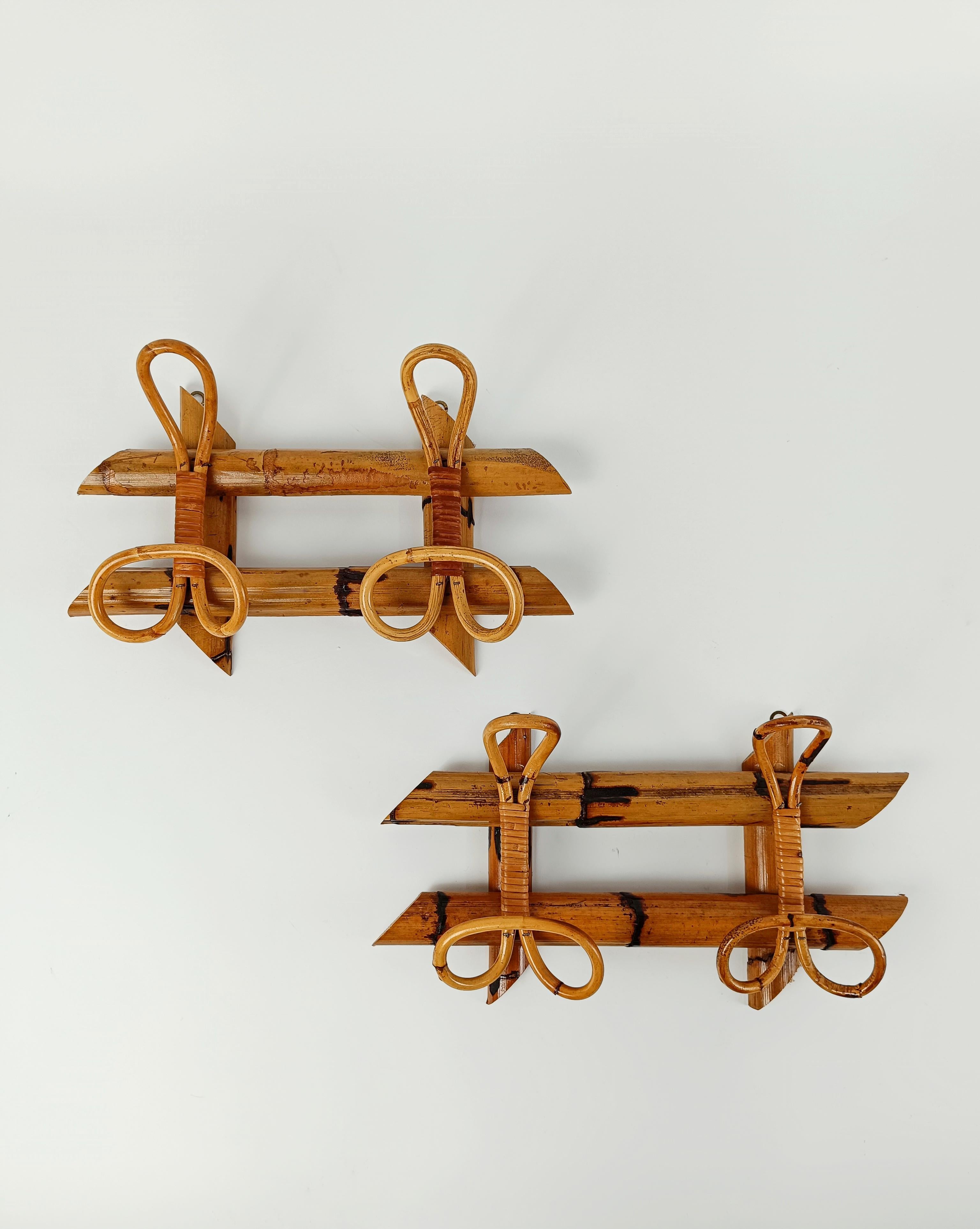 Midcentury French Riviera Rattan and Bamboo Wall Coat Rack Stand, Italy, 1960s 4
