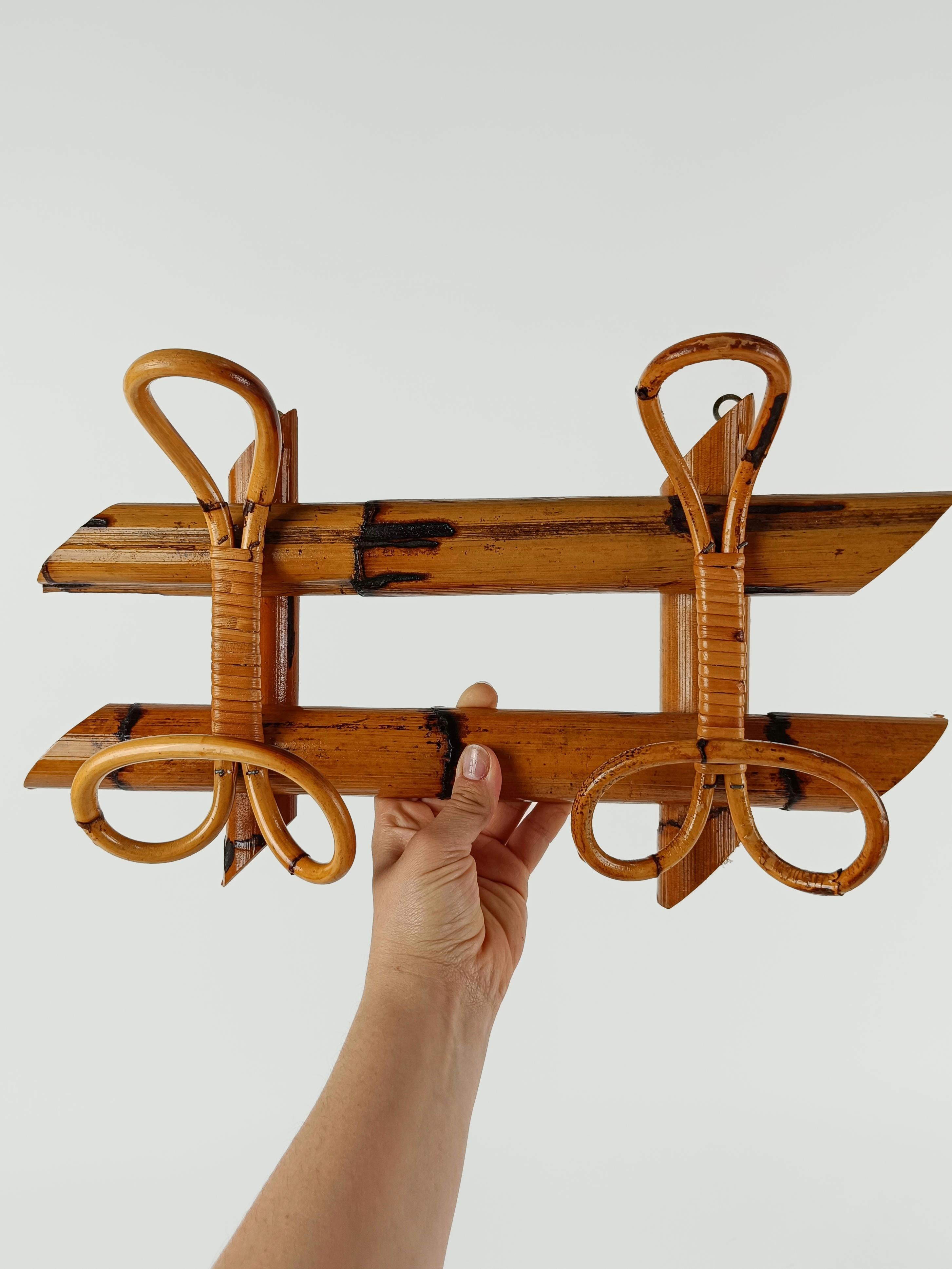 Mid-Century Modern Midcentury French Riviera Rattan and Bamboo Wall Coat Rack Stand, Italy, 1960s