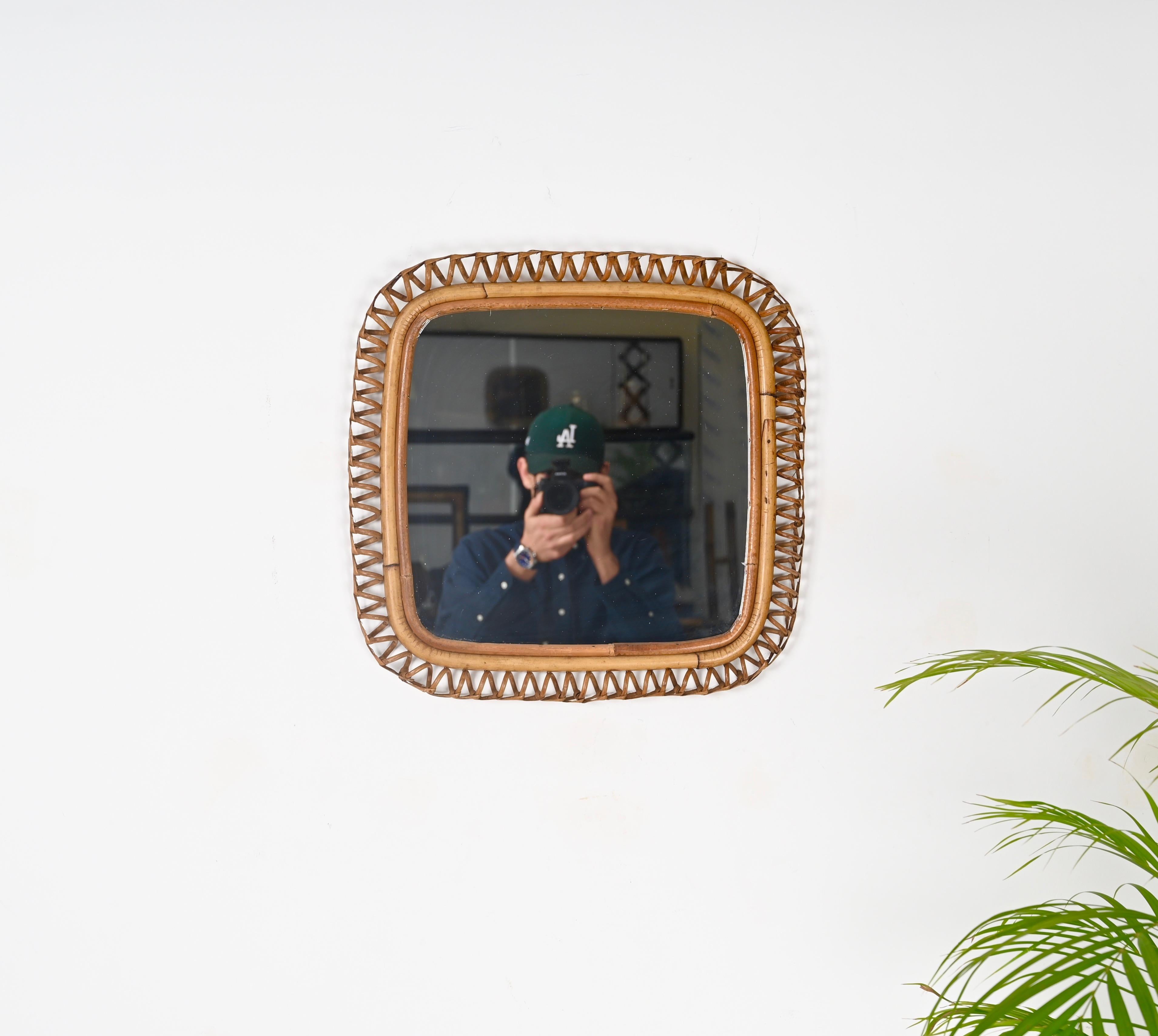 Mid-Century Modern Mid-Century French Riviera Rattan and Wicker Square Wall Mirror, Albini 1960s For Sale