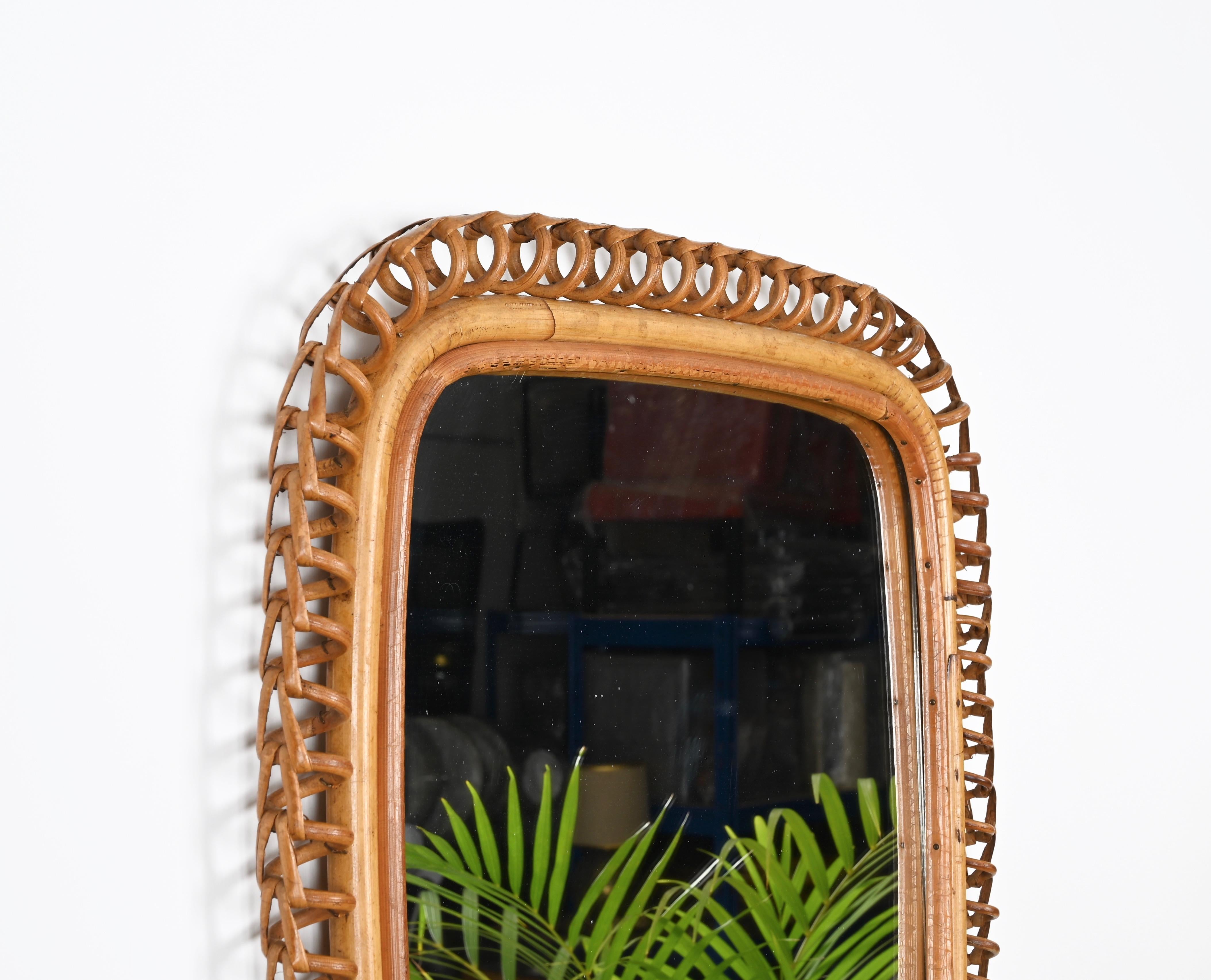 Italian Mid-Century French Riviera Rattan and Wicker Square Wall Mirror, Albini 1960s For Sale