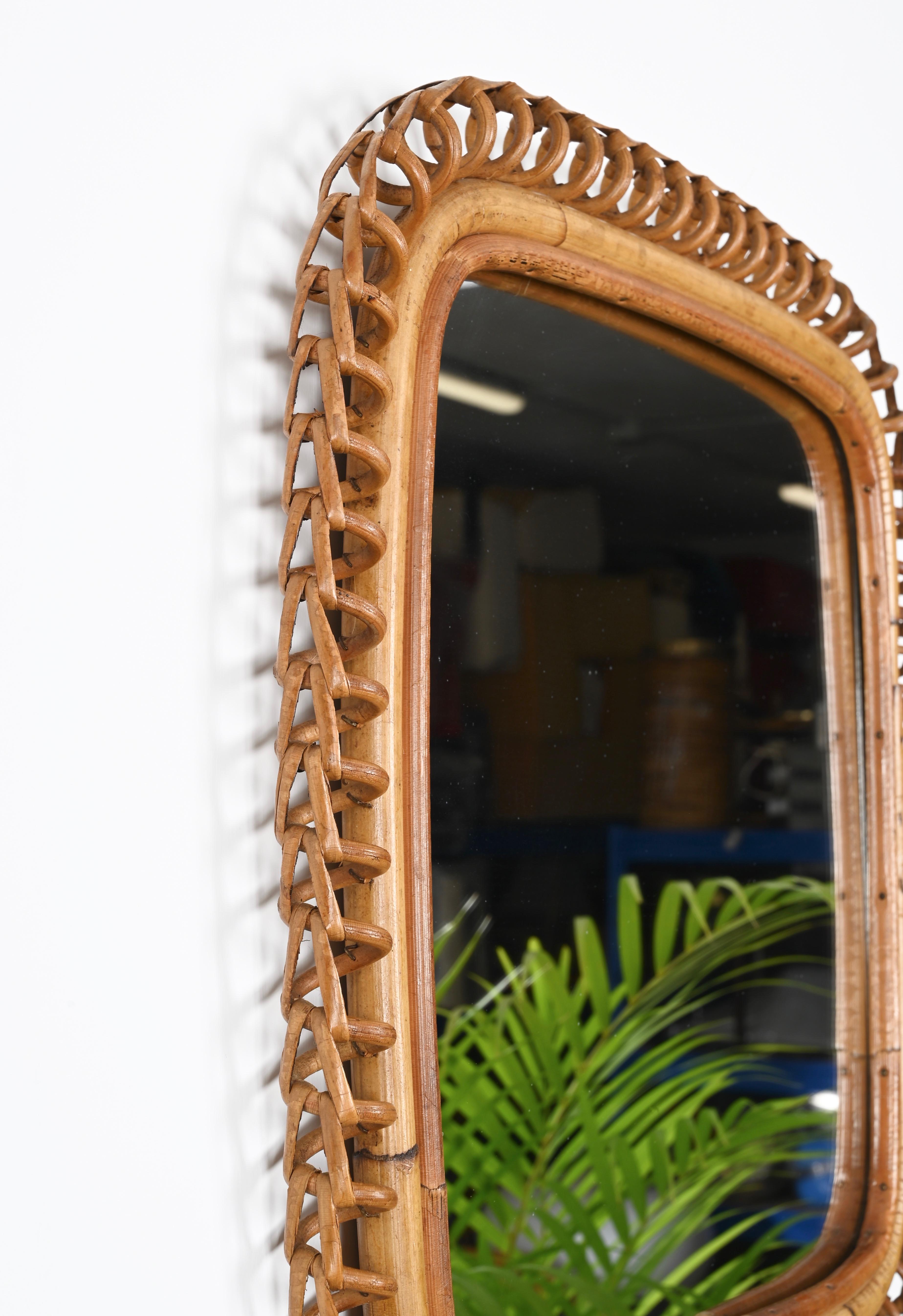 Hand-Crafted Mid-Century French Riviera Rattan and Wicker Square Wall Mirror, Albini 1960s For Sale