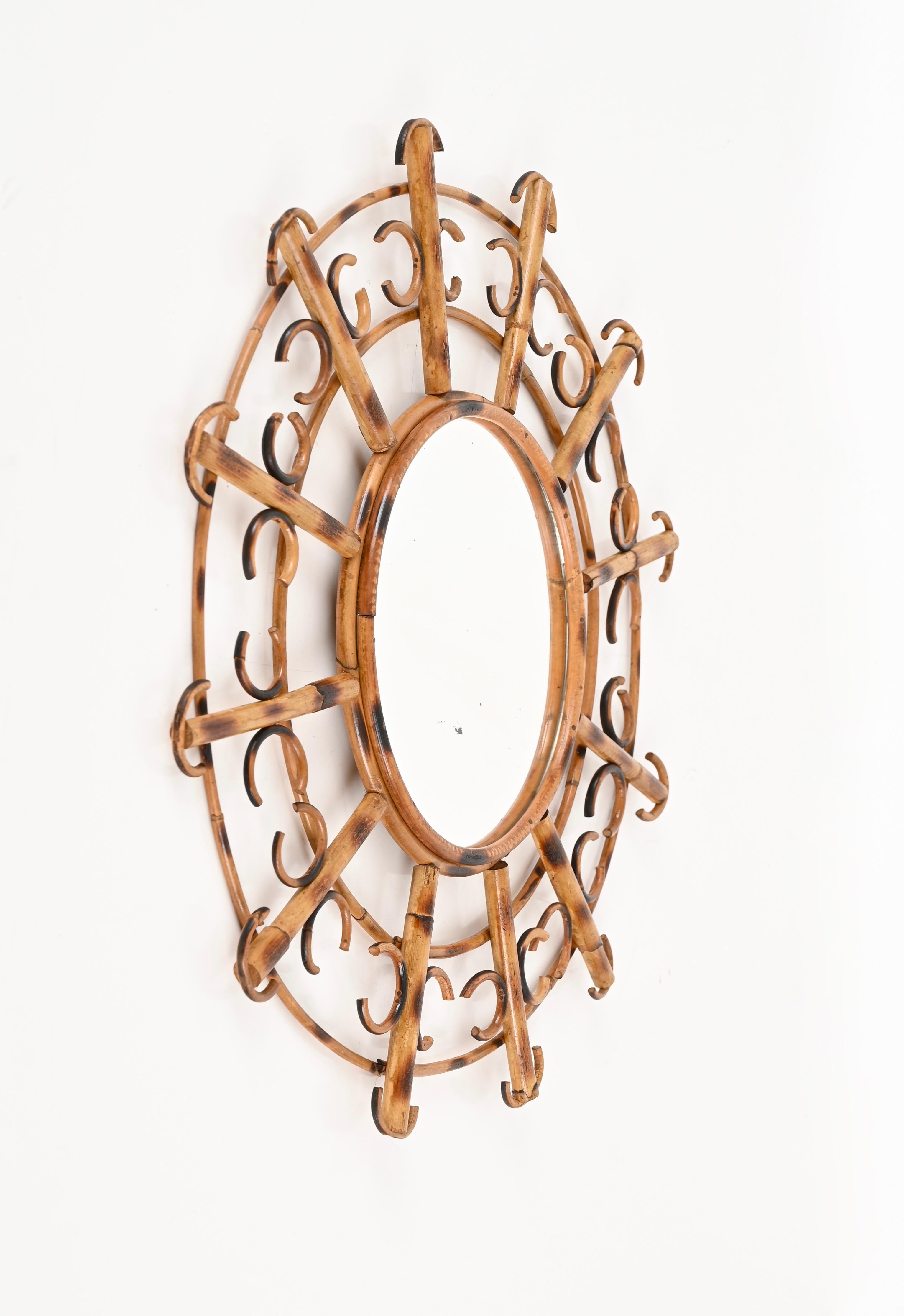 Mid-Century French Riviera Round Mirror in Rattan, France, 1950s For Sale 3