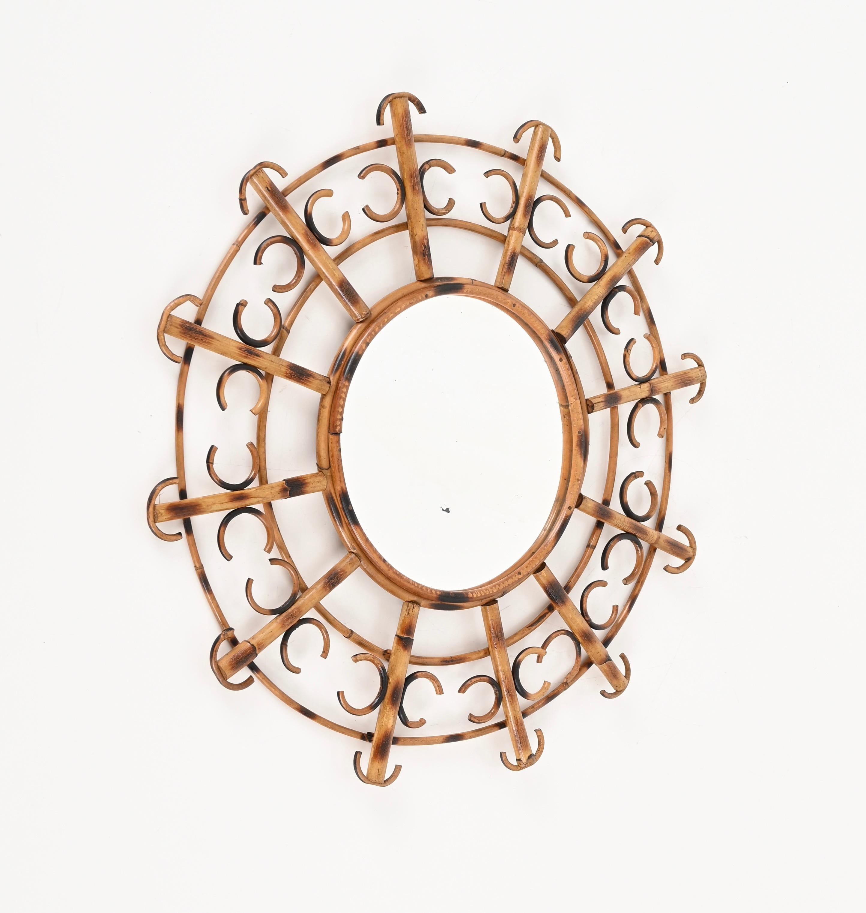 Mid-Century French Riviera Round Mirror in Rattan, France, 1950s For Sale 4