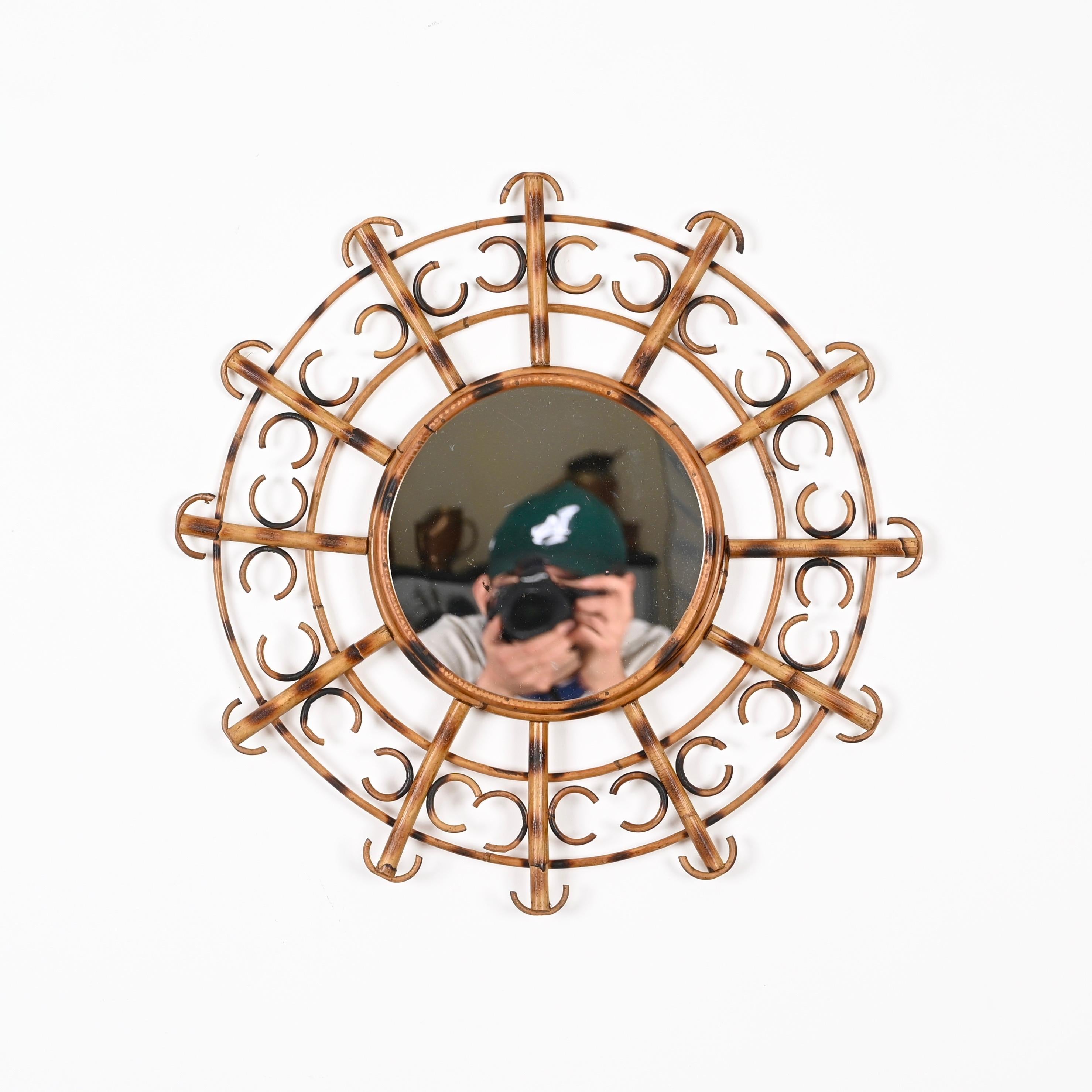 Mid-Century French Riviera Round Mirror in Rattan, France, 1950s For Sale 5