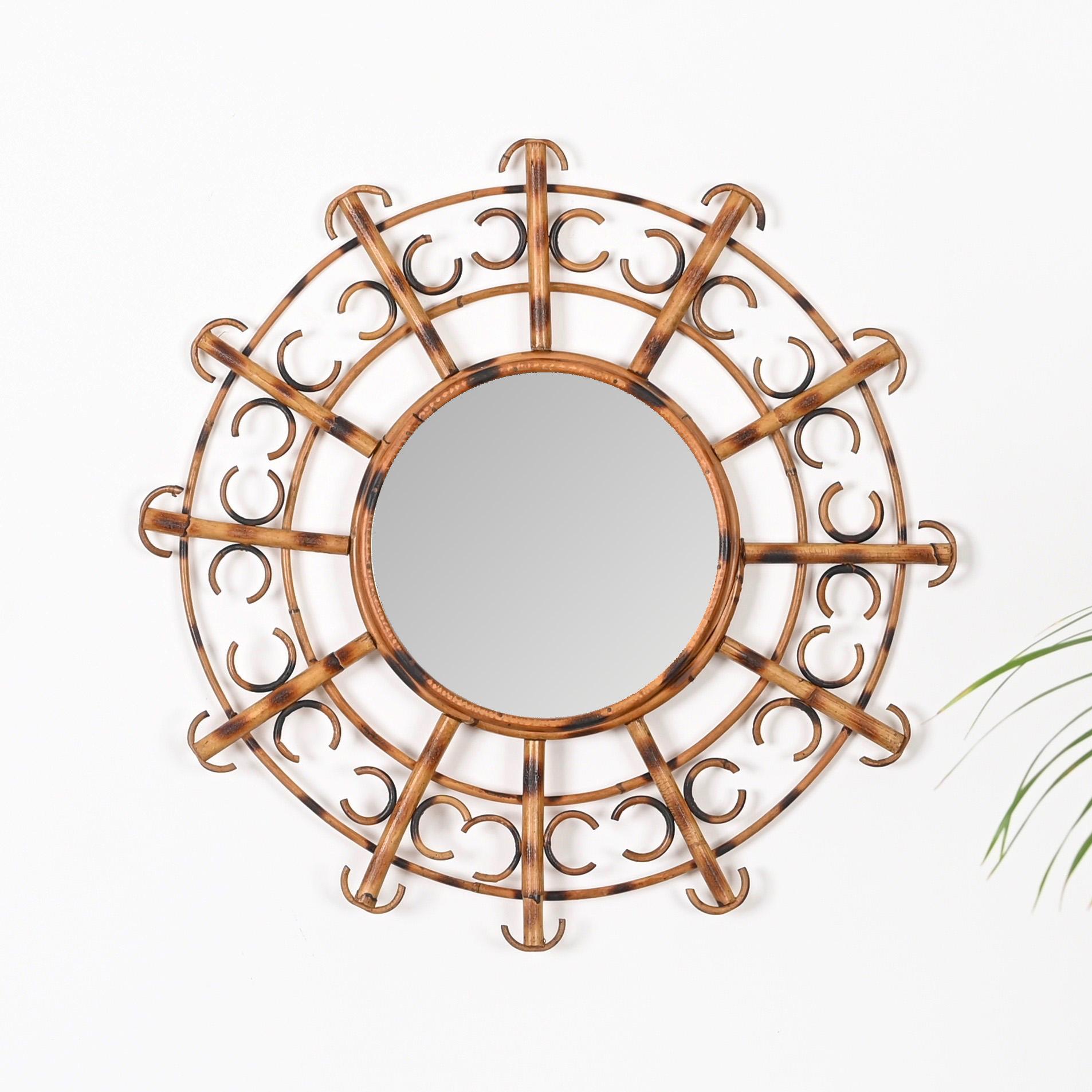 Mid-Century Modern Mid-Century French Riviera Round Mirror in Rattan, France, 1950s For Sale