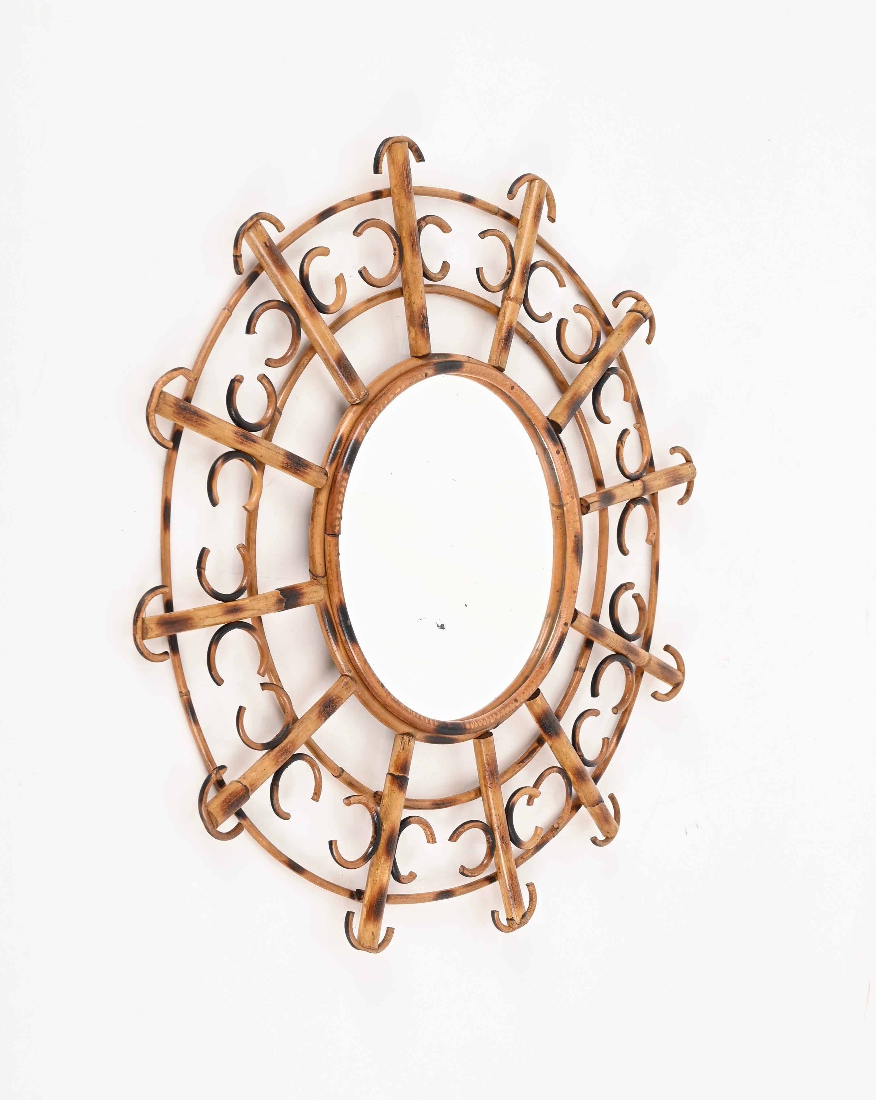 Mid-20th Century Mid-Century French Riviera Round Mirror in Rattan, France, 1950s For Sale