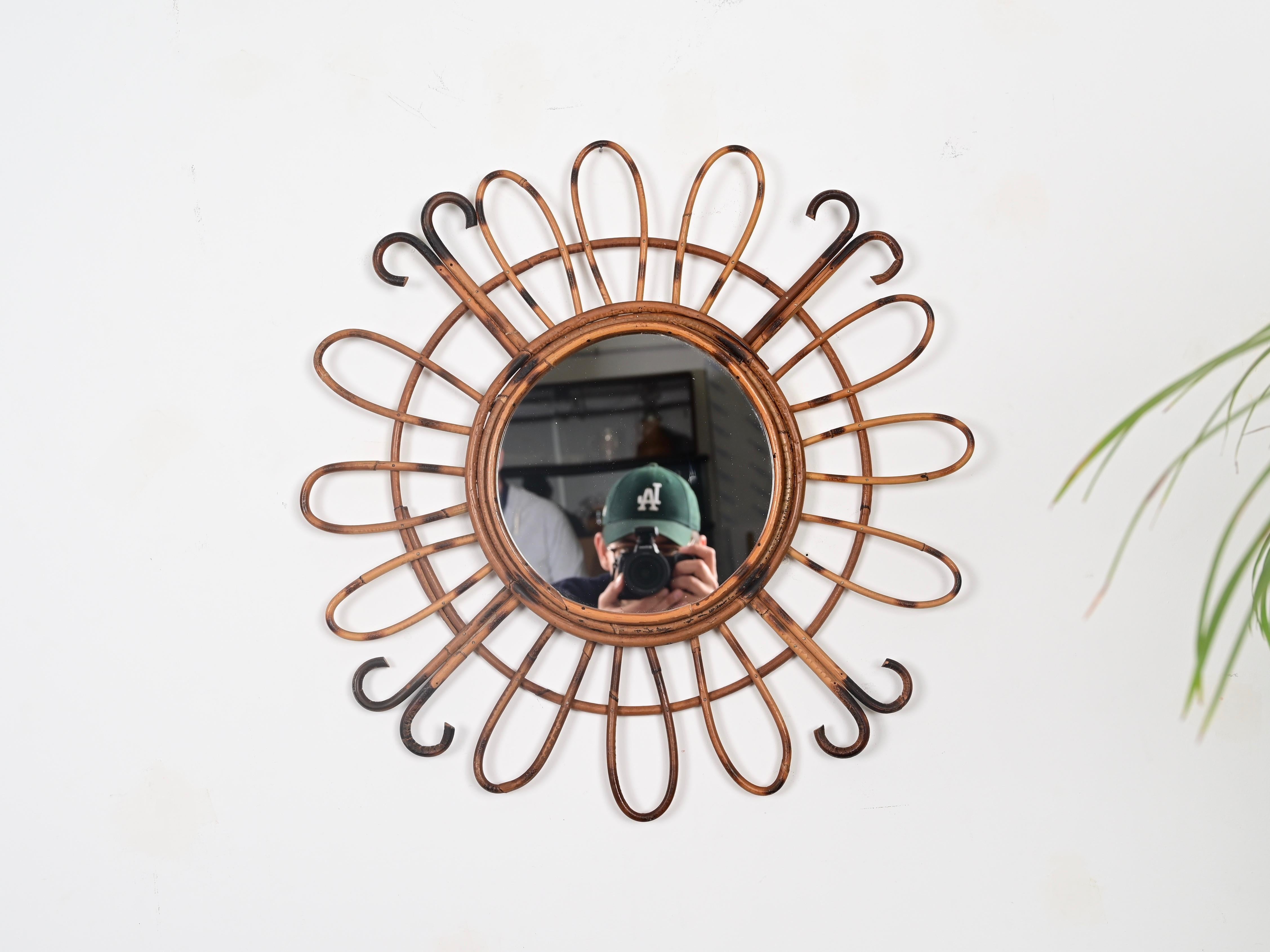Mid-Century French Riviera Round Sunburst Mirror in Curved Rattan, France, 1970s For Sale 3