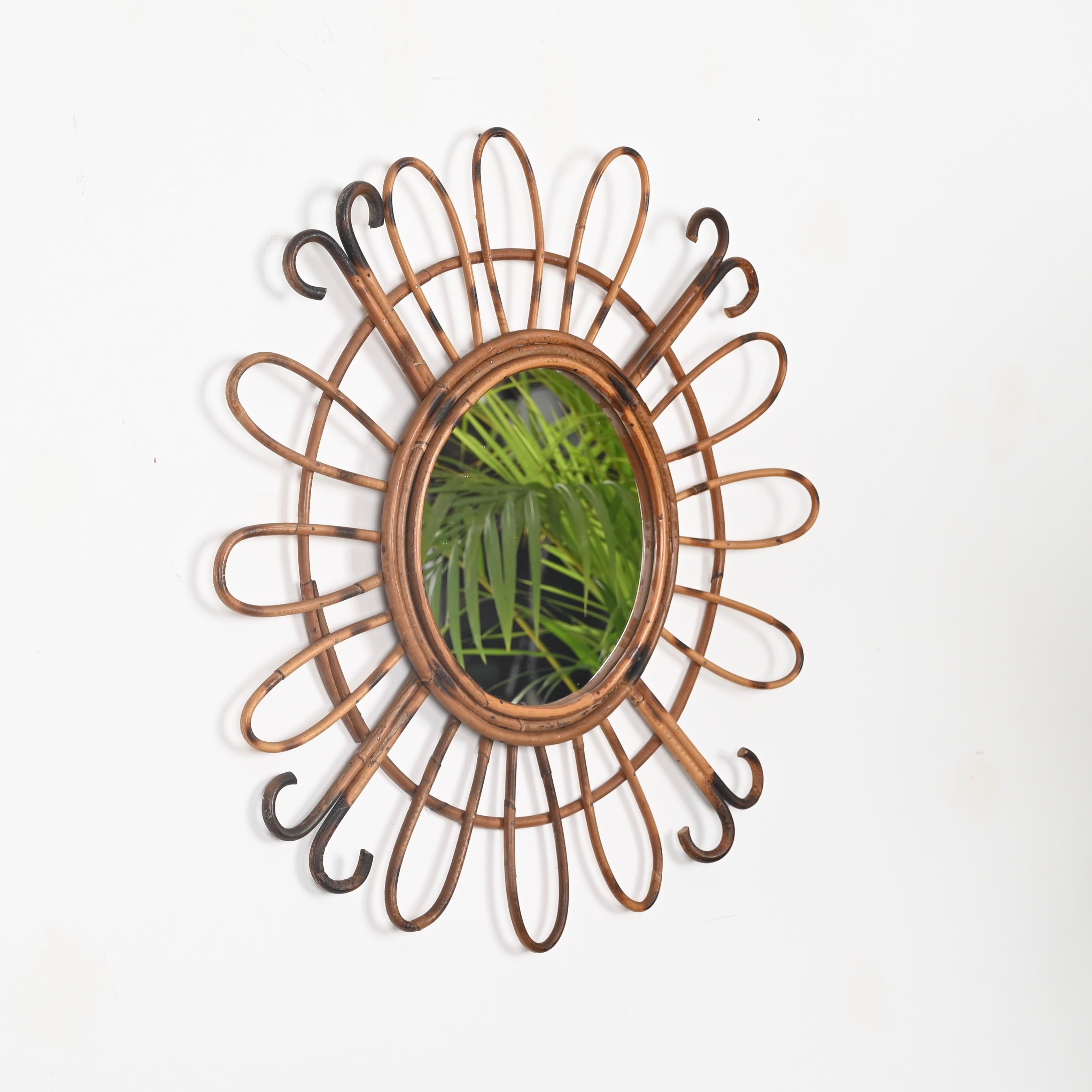 Mid-Century Modern Mid-Century French Riviera Round Sunburst Mirror in Curved Rattan, France, 1970s For Sale