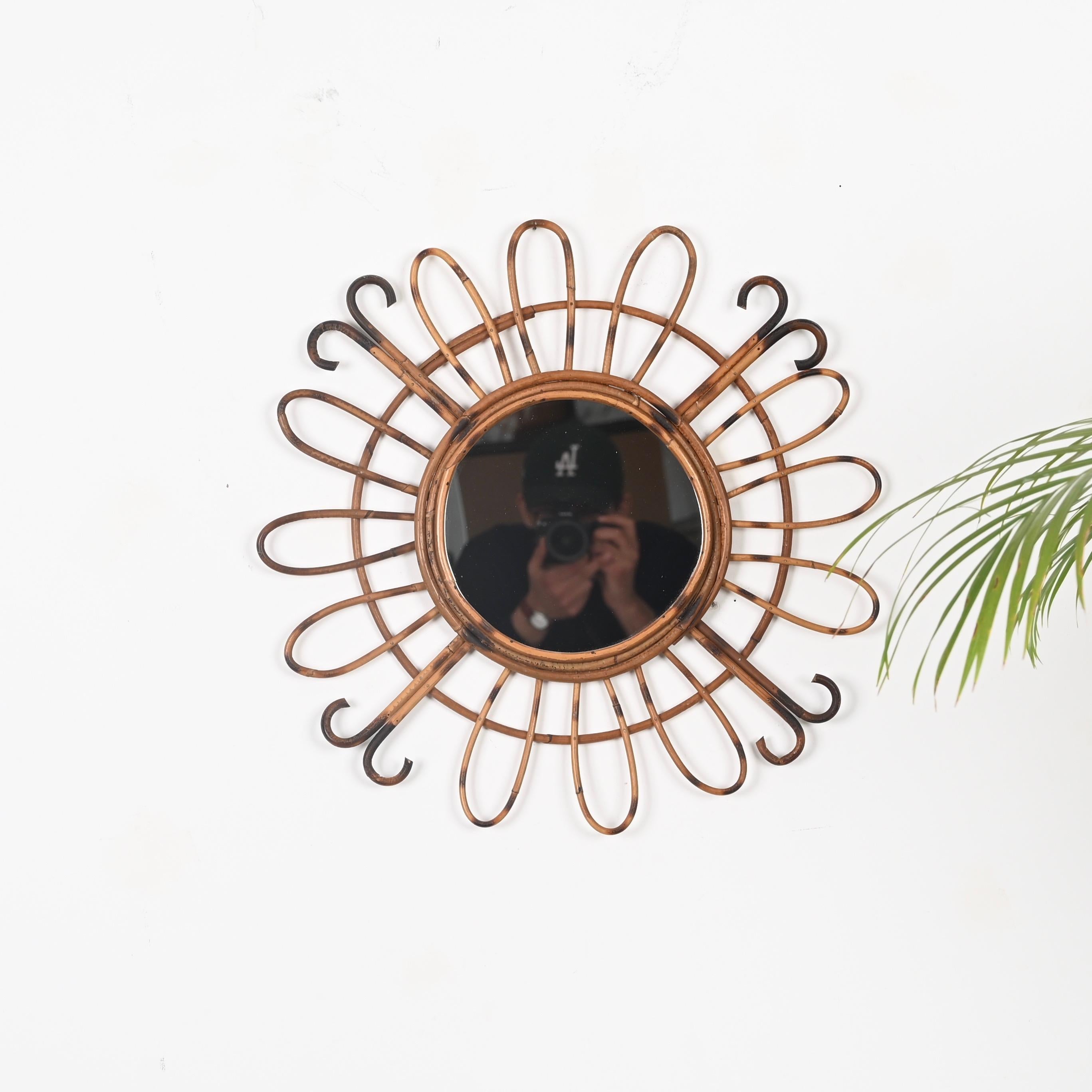 Hand-Crafted Mid-Century French Riviera Round Sunburst Mirror in Curved Rattan, France, 1970s For Sale