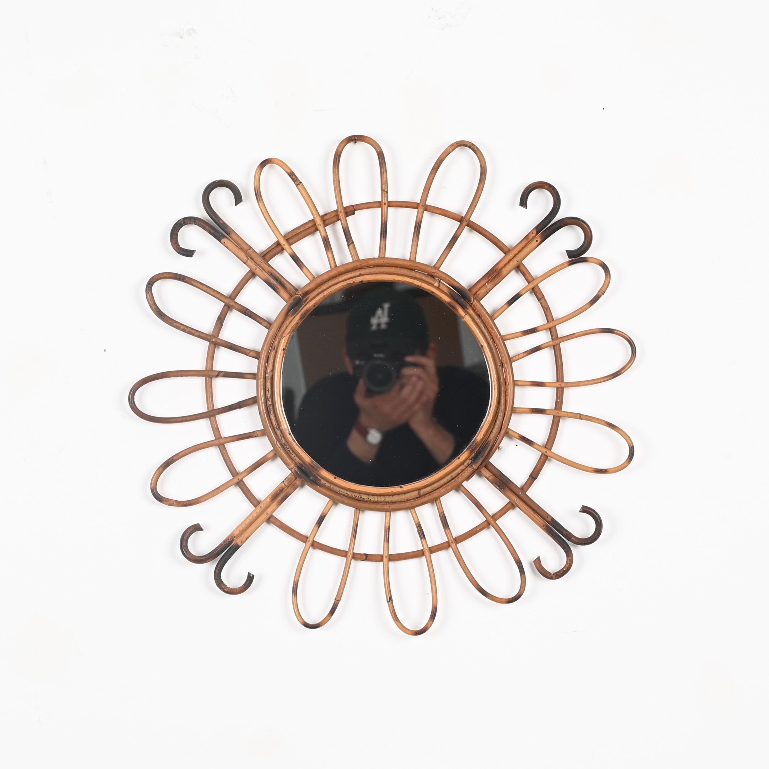 Mid-20th Century Mid-Century French Riviera Round Sunburst Mirror in Curved Rattan, France, 1970s For Sale