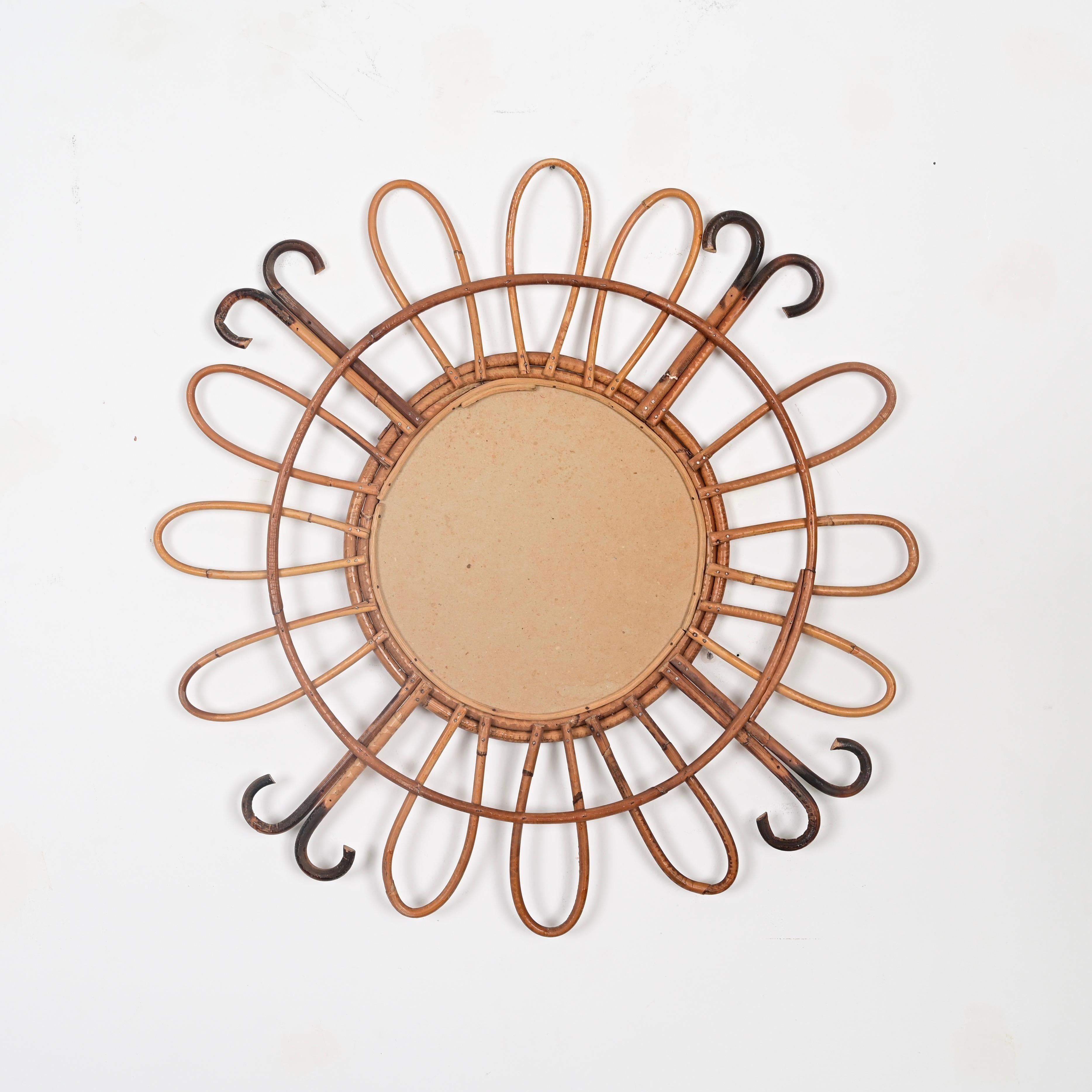Mid-Century French Riviera Round Sunburst Mirror in Curved Rattan, France, 1970s For Sale 1