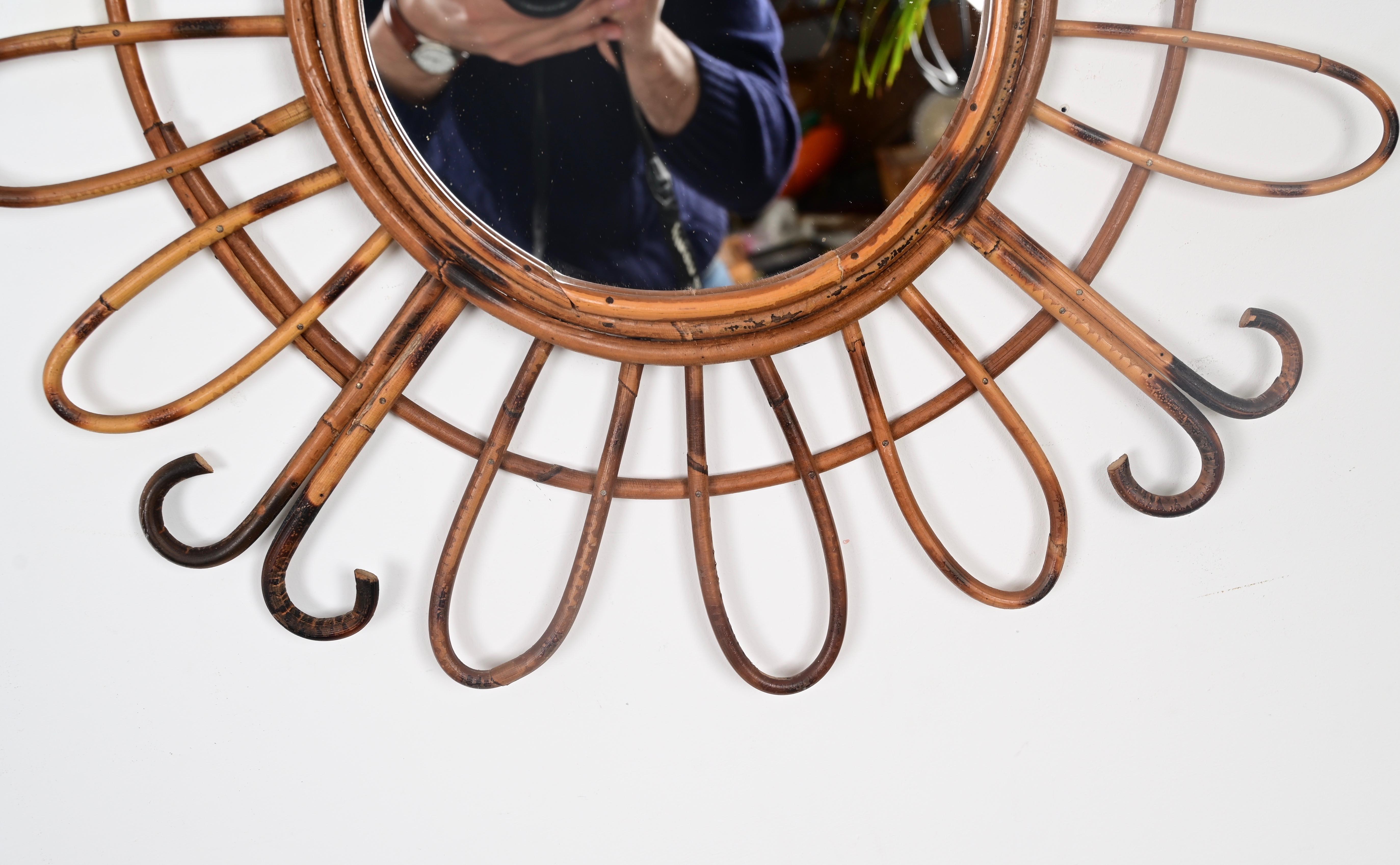 Mid-Century French Riviera Round Sunburst Mirror in Curved Rattan, France, 1970s For Sale 2