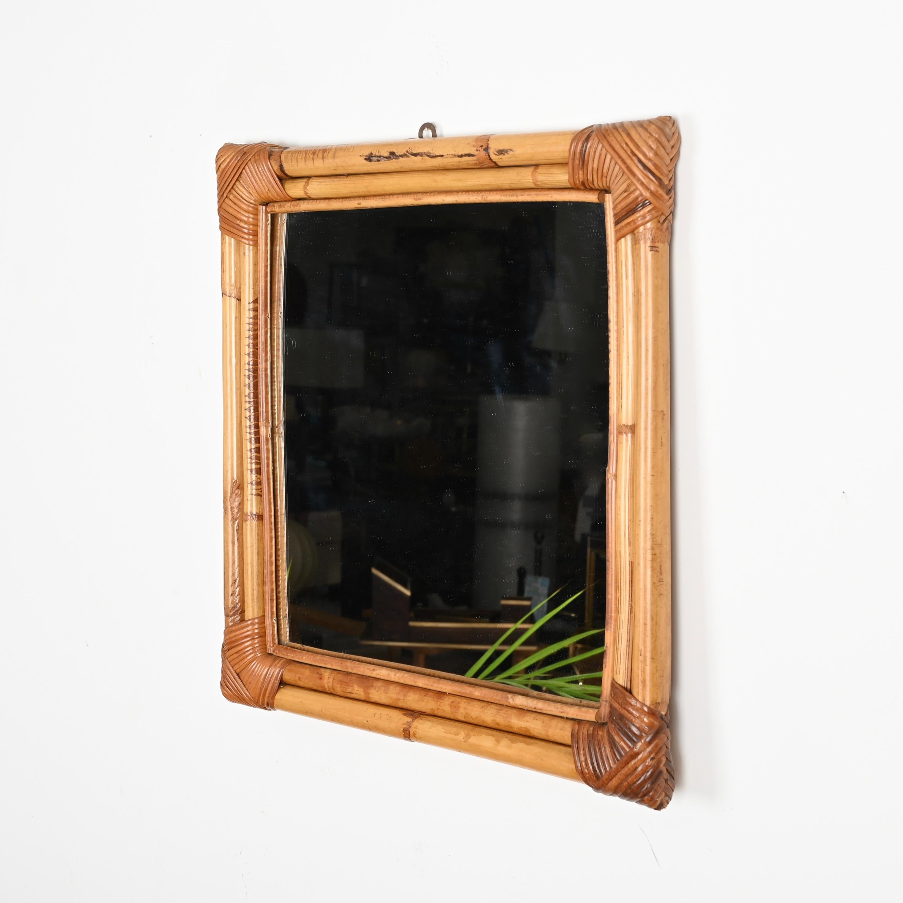 Mid-Century French Riviera Square Mirror in Bamboo and Rattan Wicker, Italy 1960 For Sale 3