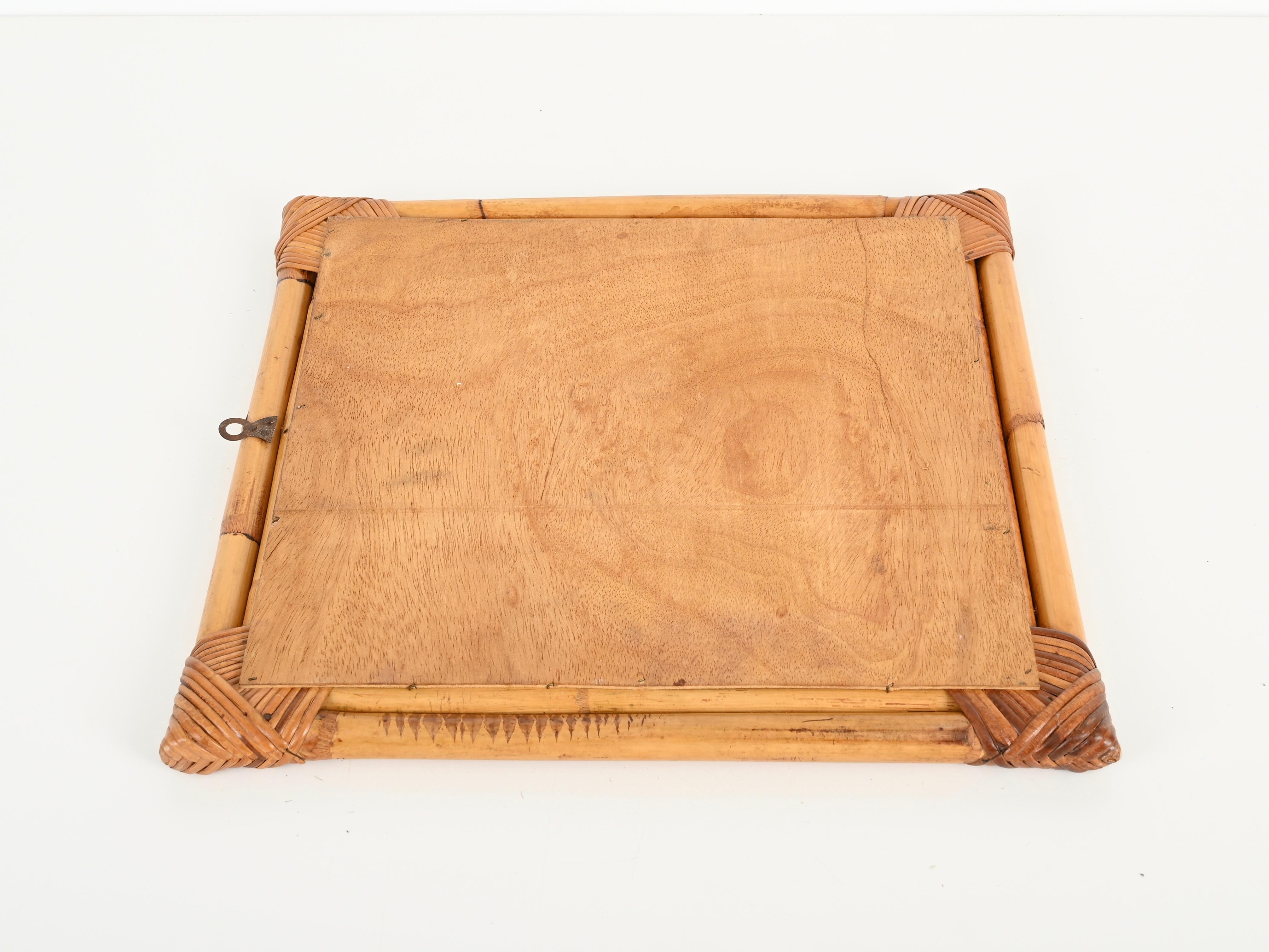 Mid-Century French Riviera Square Mirror in Bamboo and Rattan Wicker, Italy 1960 For Sale 8
