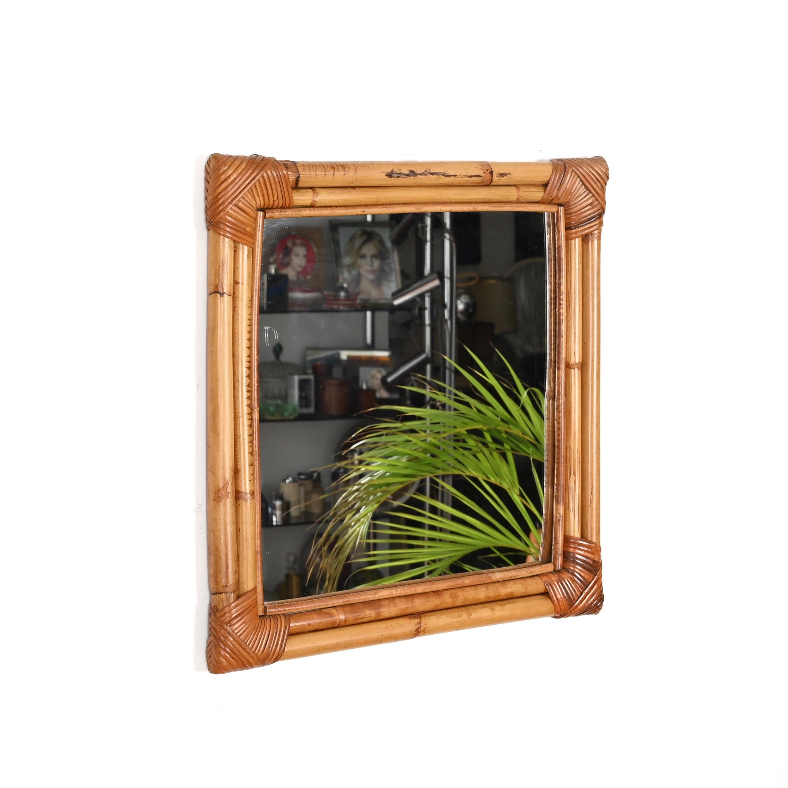 Delightful mid-century square mirror made in bamboo and hand-woven wicker. This gorgeous French Riviera style mirror was produced in Italy during the 1960s. 

The mirror is in amazing condition and with a charming honey color. It has a triple frame
