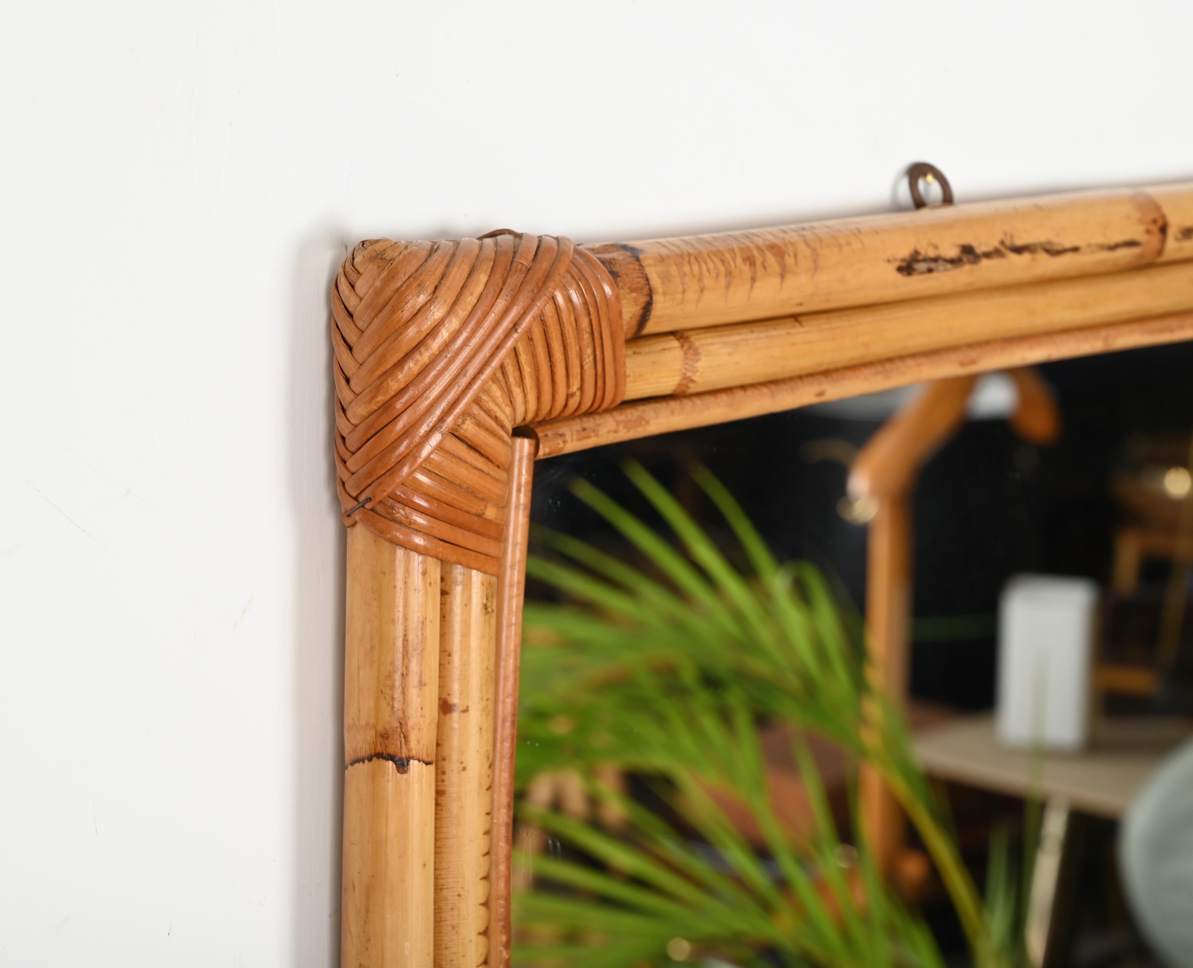 Italian Mid-Century French Riviera Square Mirror in Bamboo and Rattan Wicker, Italy 1960 For Sale