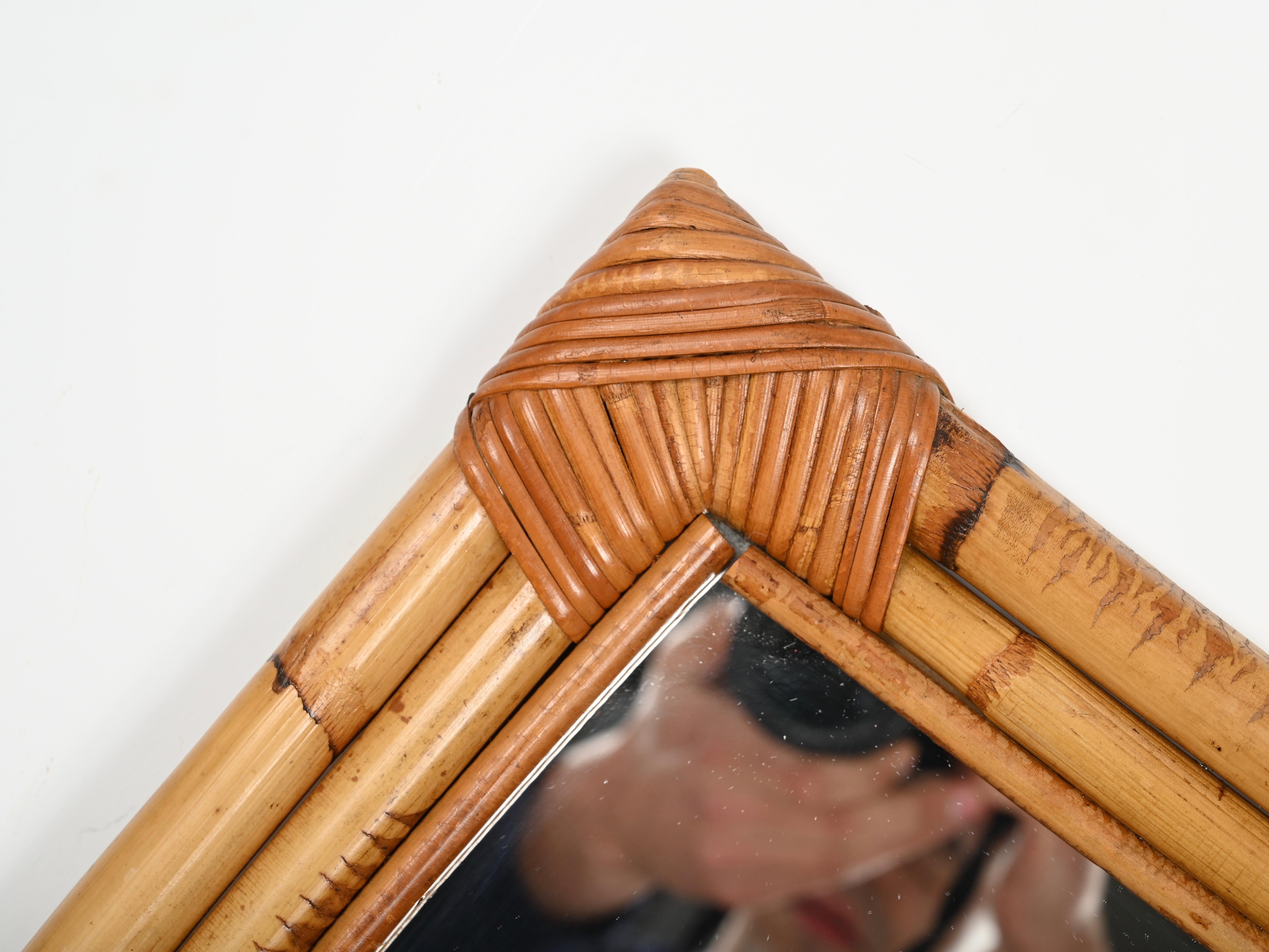 Hand-Crafted Mid-Century French Riviera Square Mirror in Bamboo and Rattan Wicker, Italy 1960 For Sale