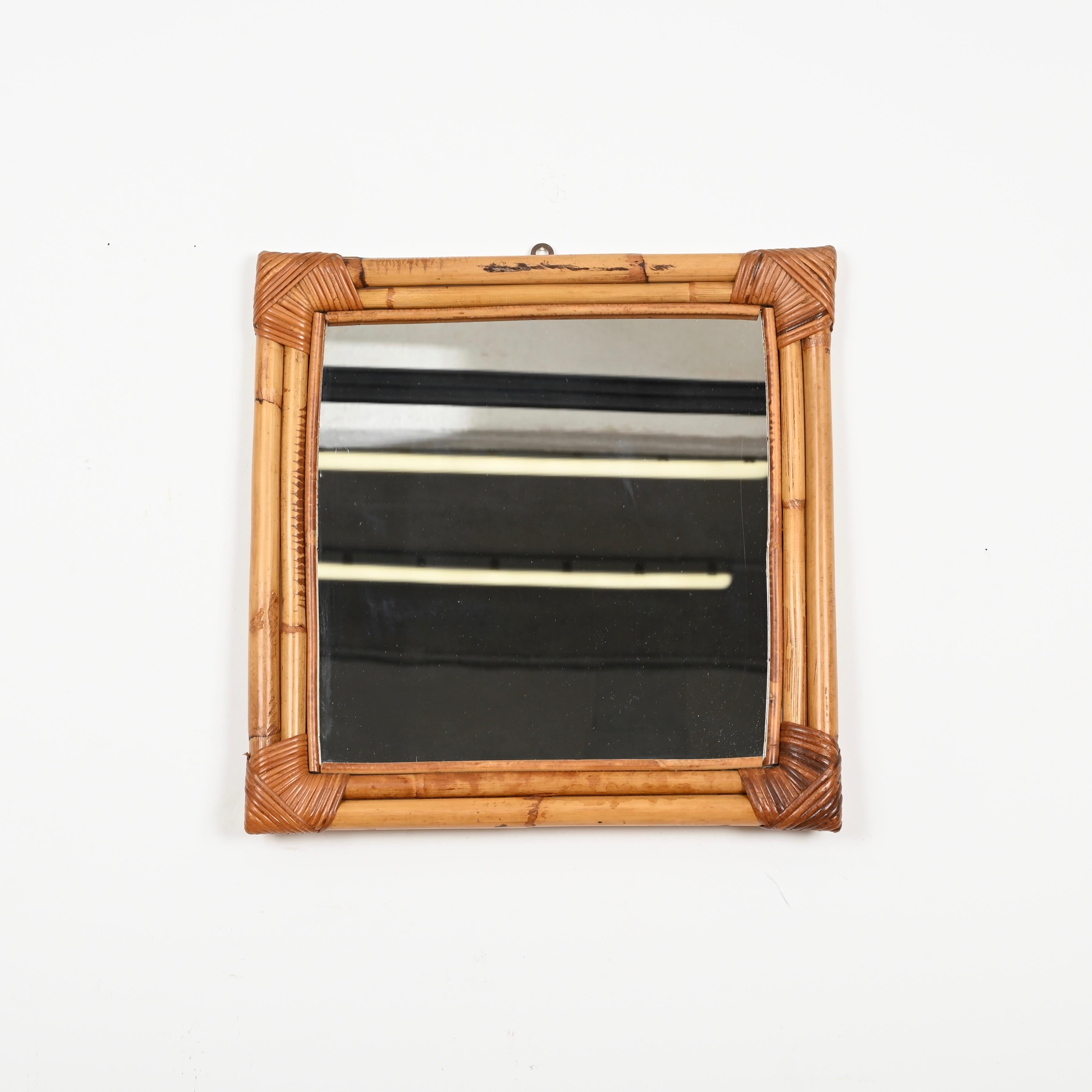 Mid-Century French Riviera Square Mirror in Bamboo and Rattan Wicker, Italy 1960 In Good Condition For Sale In Roma, IT