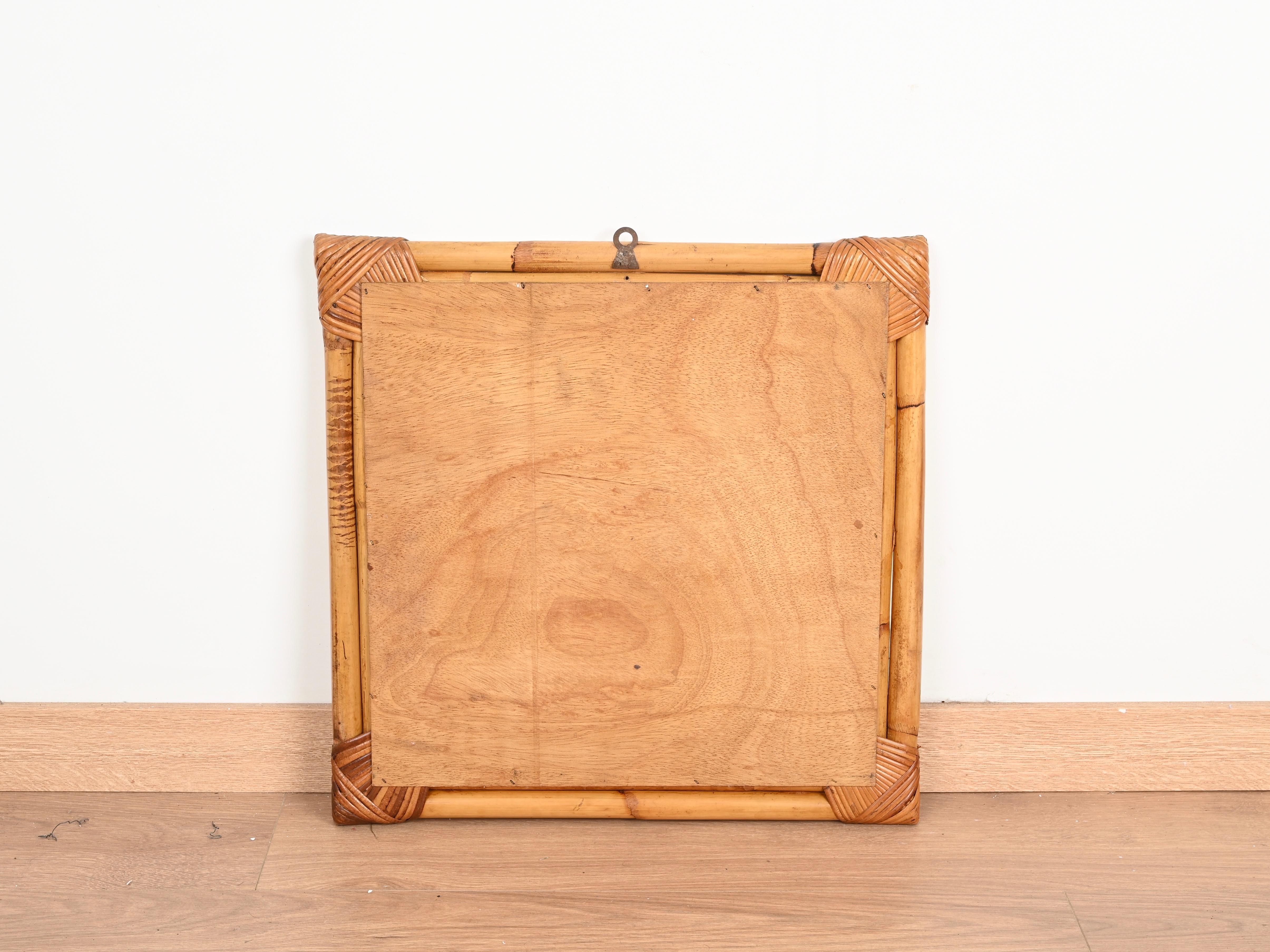 Mid-20th Century Mid-Century French Riviera Square Mirror in Bamboo and Rattan Wicker, Italy 1960 For Sale