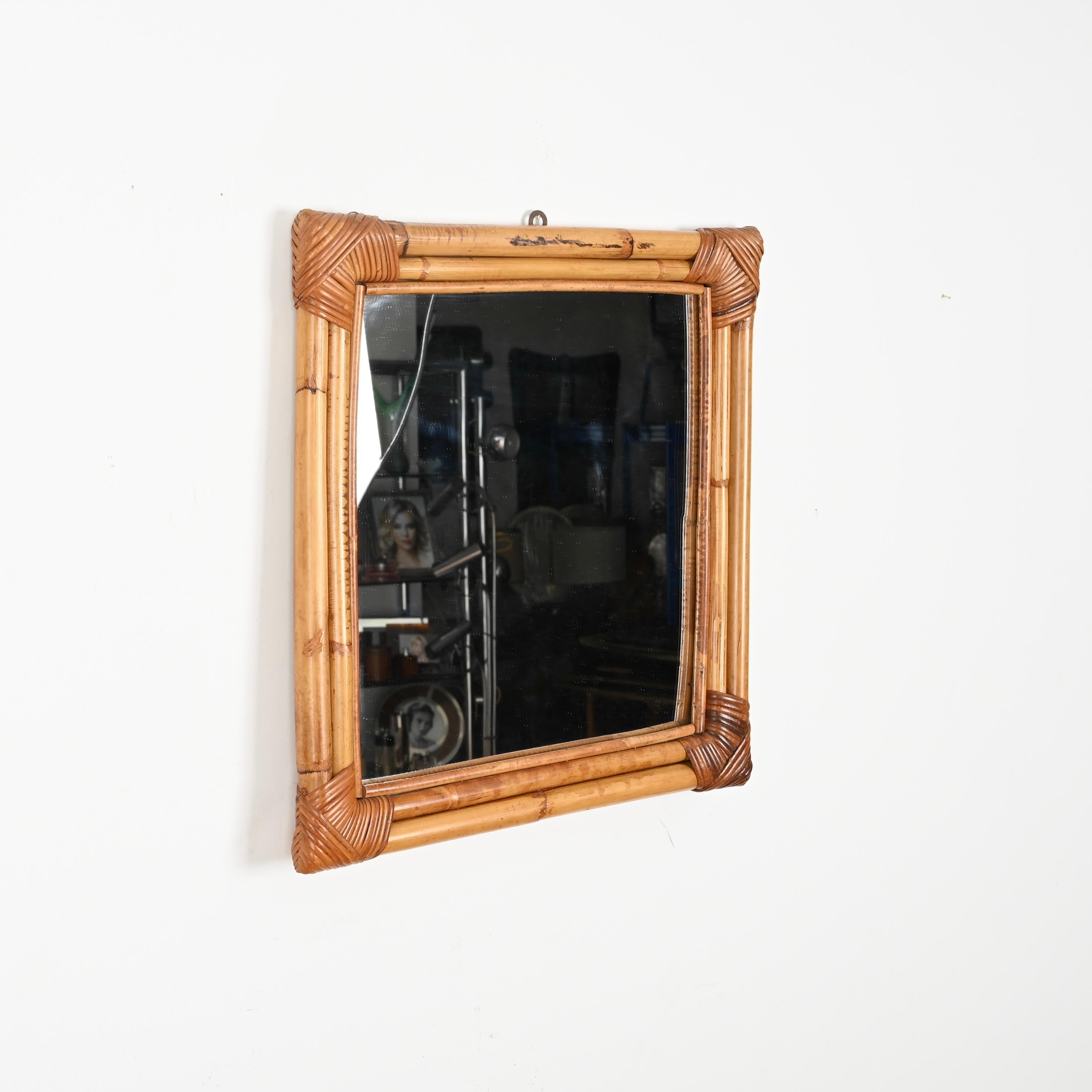 Mid-Century French Riviera Square Mirror in Bamboo and Rattan Wicker, Italy 1960 For Sale 2