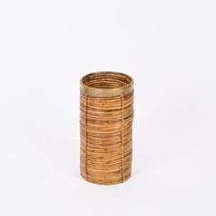Mid-Century French Riviera Umbrella Stand in Rattan and Brass, Italy 1970s