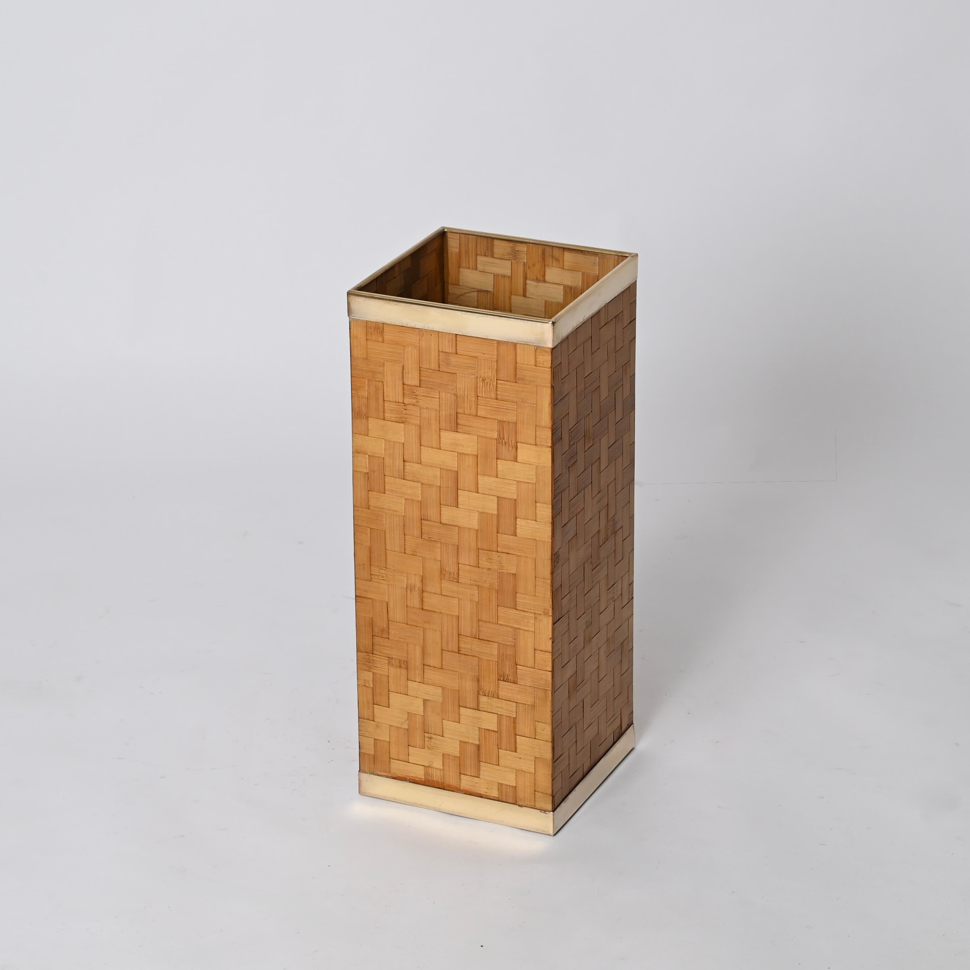 Mid-Century Modern Mid-Century French Riviera Umbrella Stand in Woven Bamboo and Brass, Italy 1970s For Sale