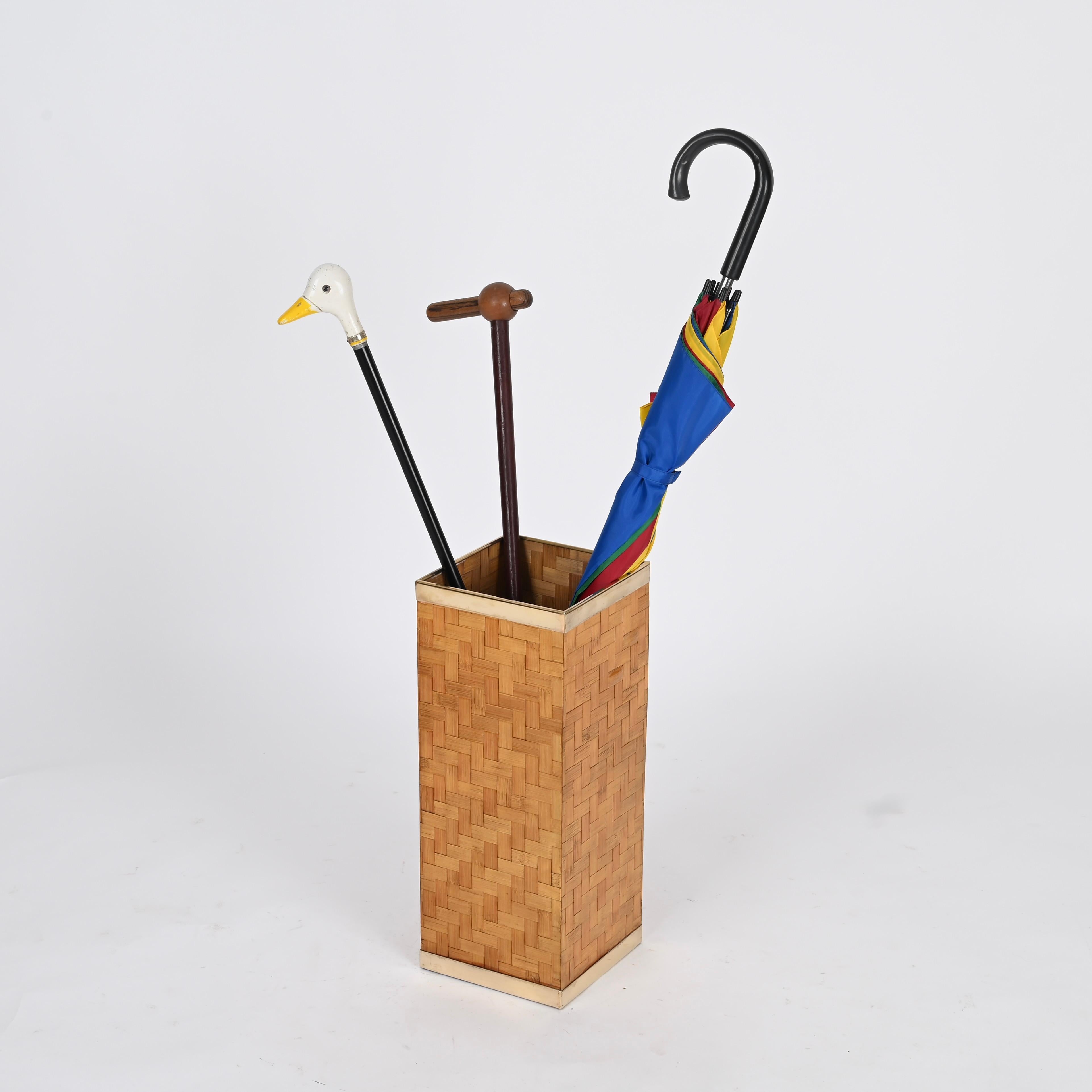 Hand-Crafted Mid-Century French Riviera Umbrella Stand in Woven Bamboo and Brass, Italy 1970s For Sale