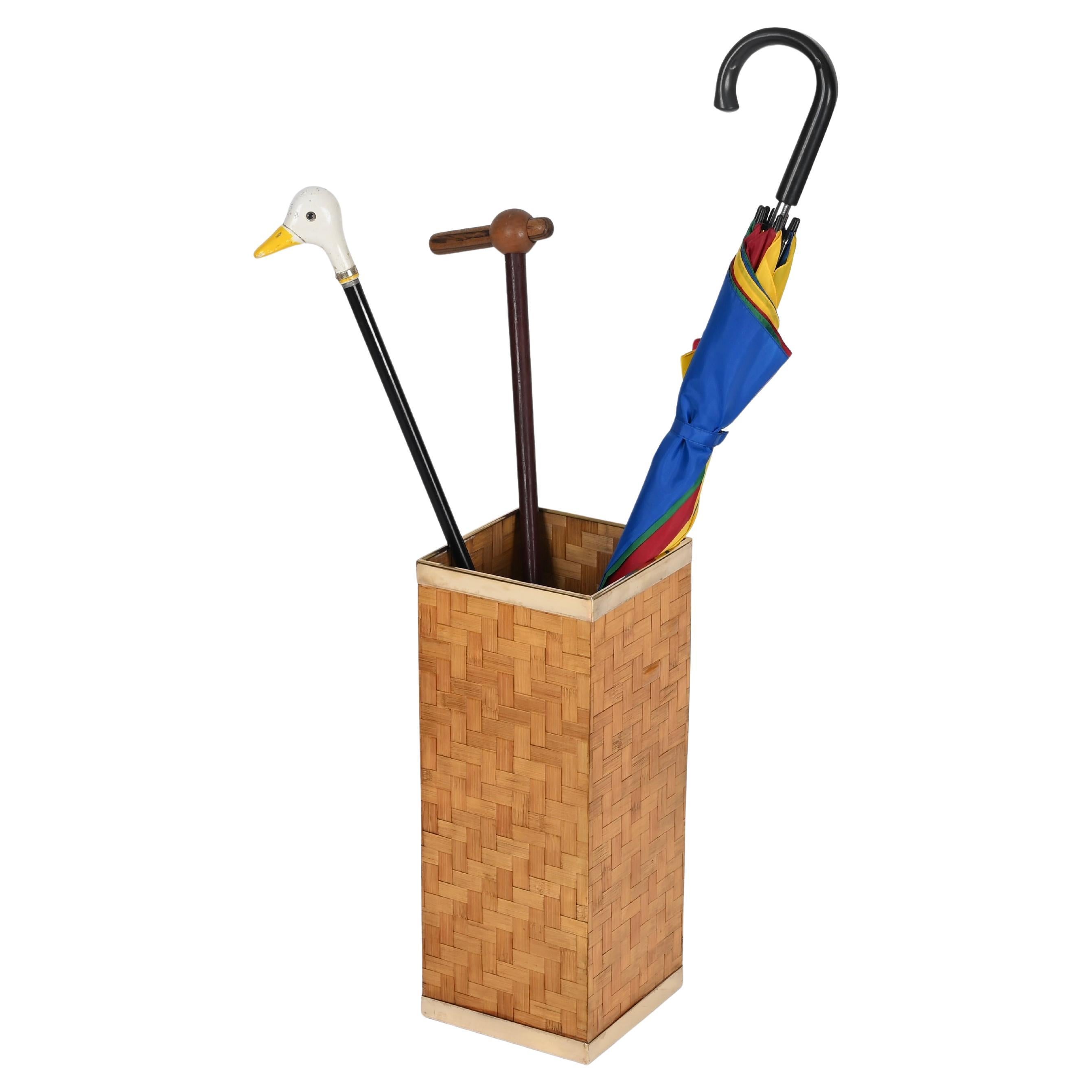 Mid-Century French Riviera Umbrella Stand in Woven Bamboo and Brass, Italy 1970s