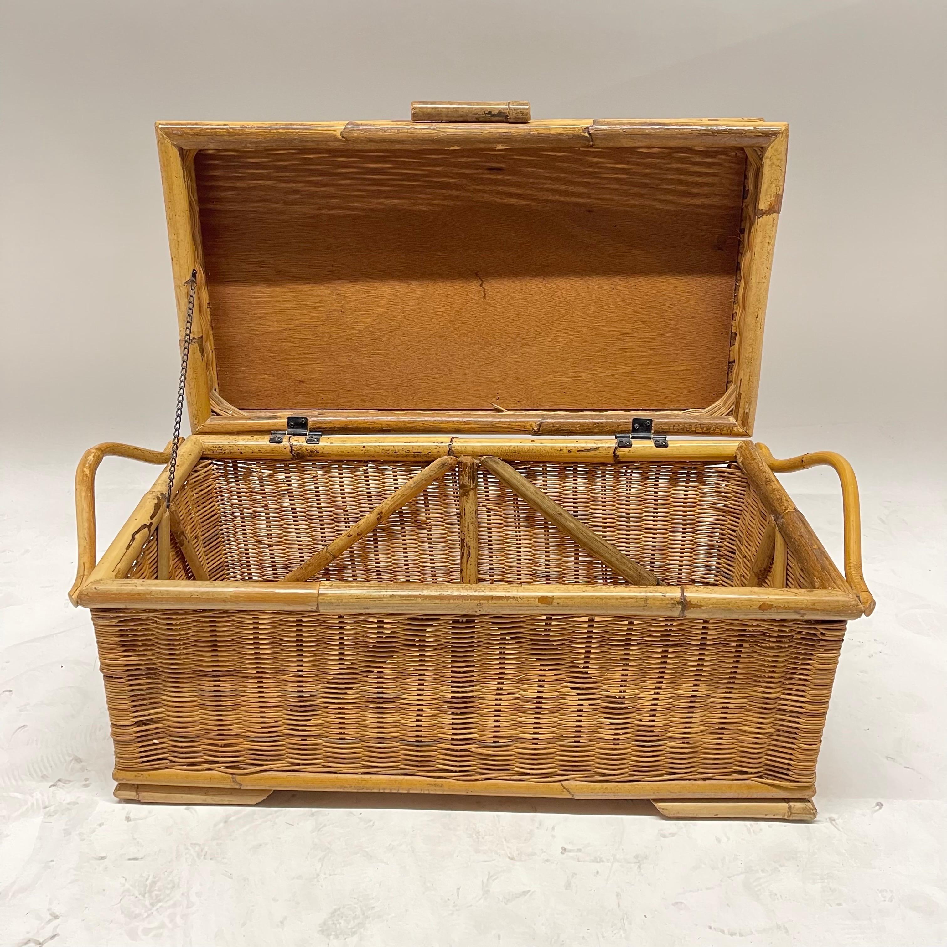 Wood Mid Century French Riviera Wicker Bamboo and Rattan Trunk or Blanket Toy Chest For Sale
