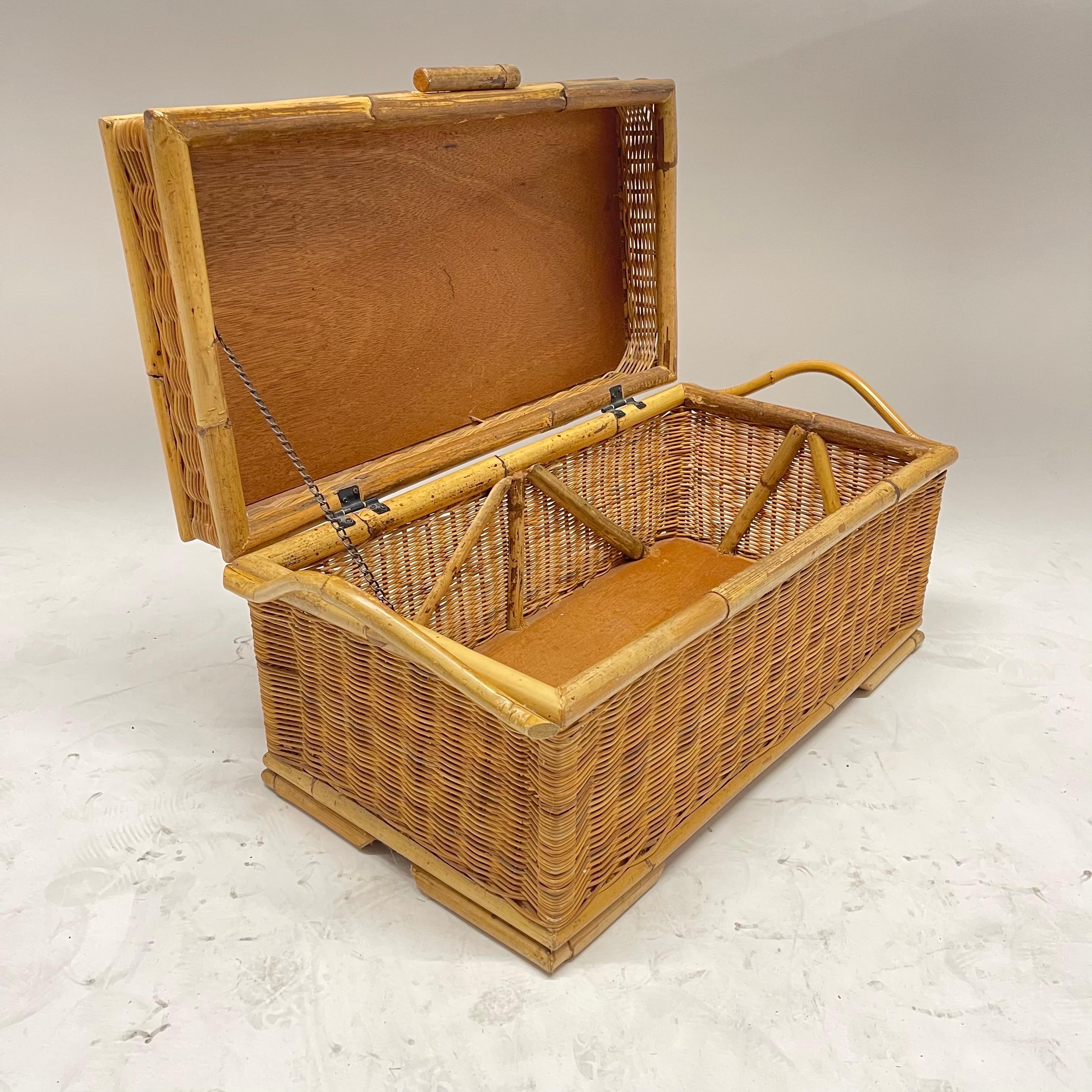 Mid Century French Riviera Wicker Bamboo and Rattan Trunk or Blanket Toy Chest For Sale 1