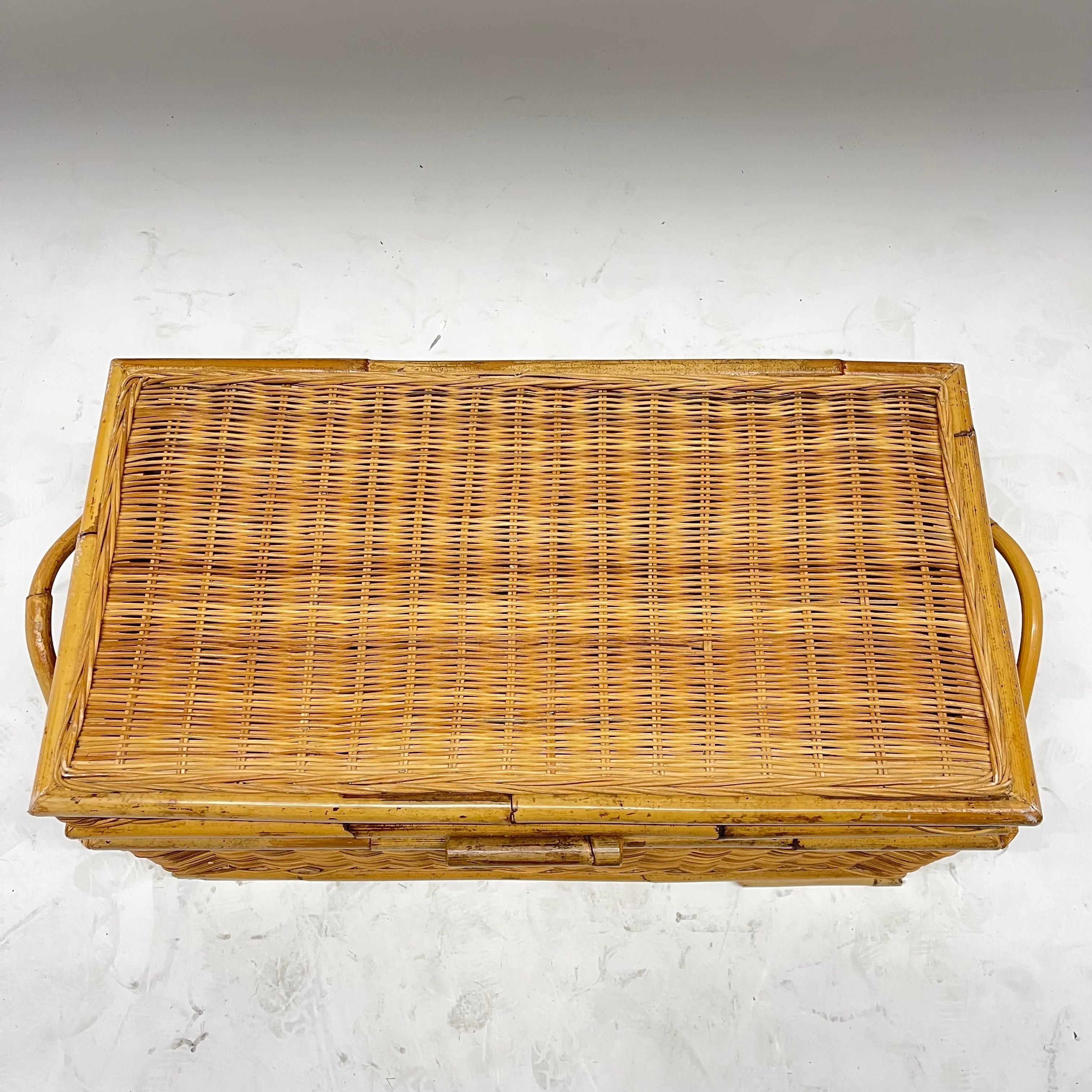 Mid Century French Riviera Wicker Bamboo and Rattan Trunk or Blanket Toy Chest For Sale 3
