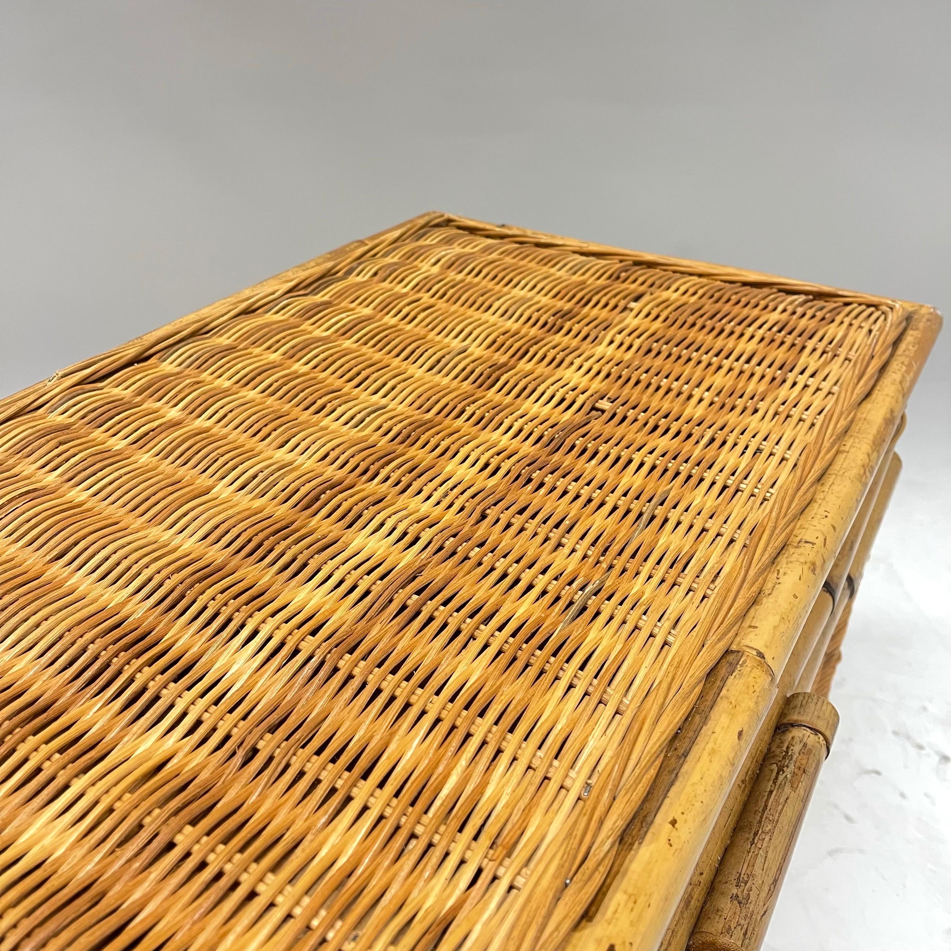 Mid Century French Riviera Wicker Bamboo and Rattan Trunk or Blanket Toy Chest For Sale 4