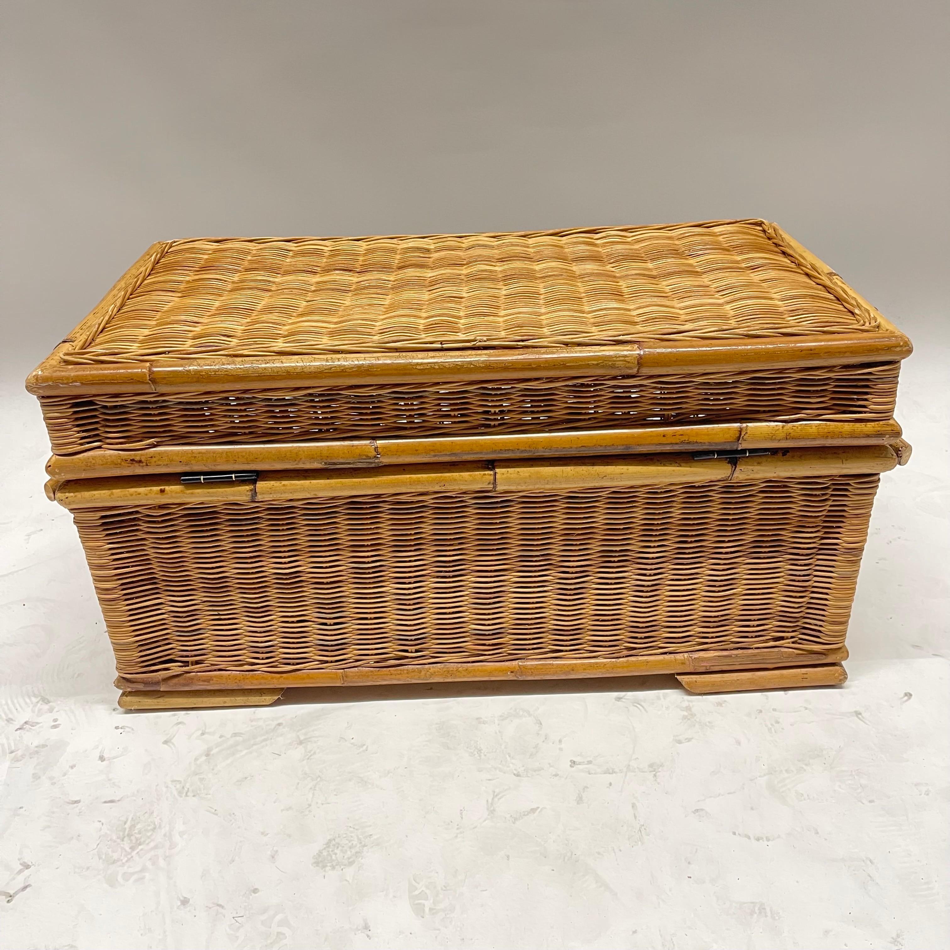 Mid-Century Modern Mid Century French Riviera Wicker Bamboo and Rattan Trunk or Blanket Toy Chest For Sale