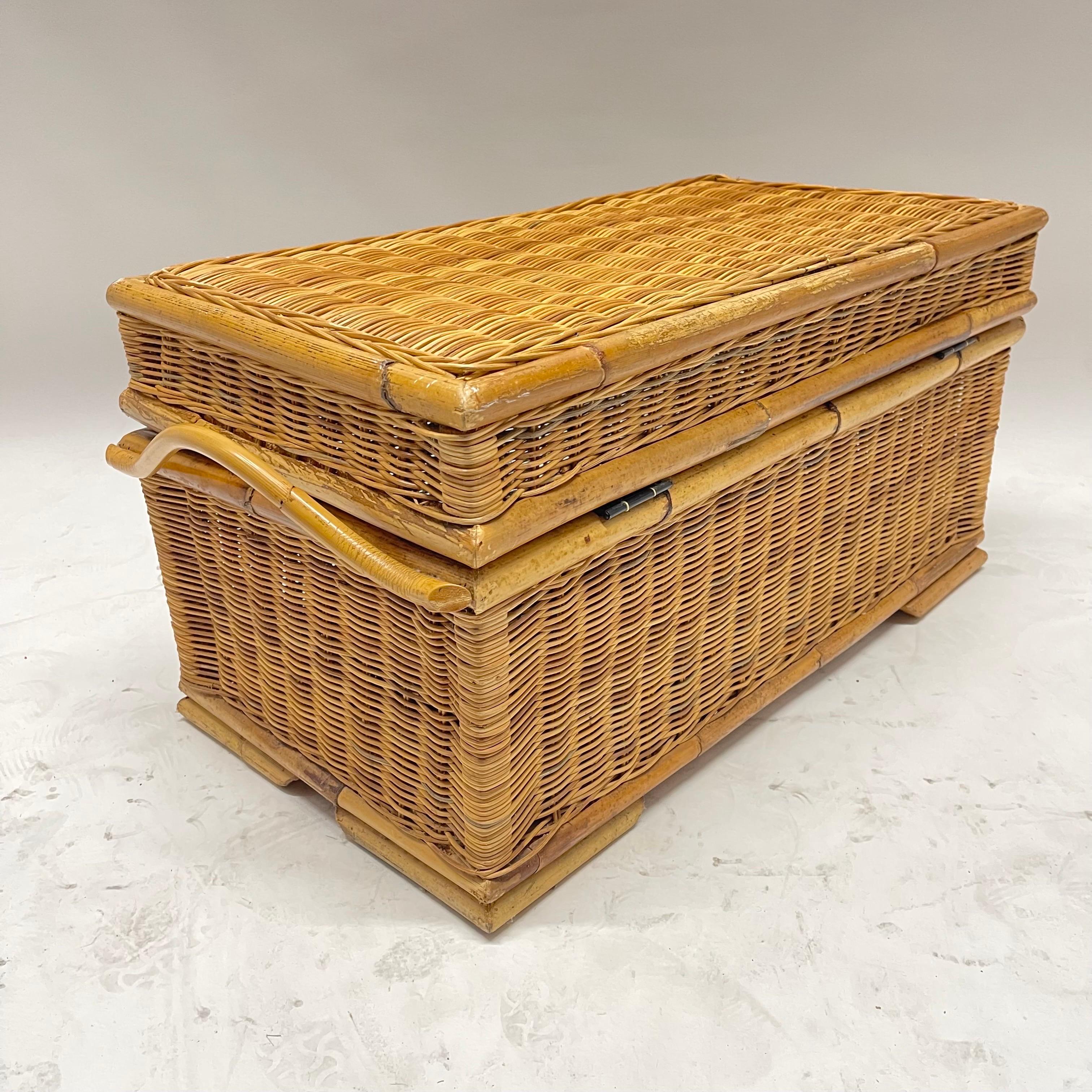 Hand-Woven Mid Century French Riviera Wicker Bamboo and Rattan Trunk or Blanket Toy Chest For Sale