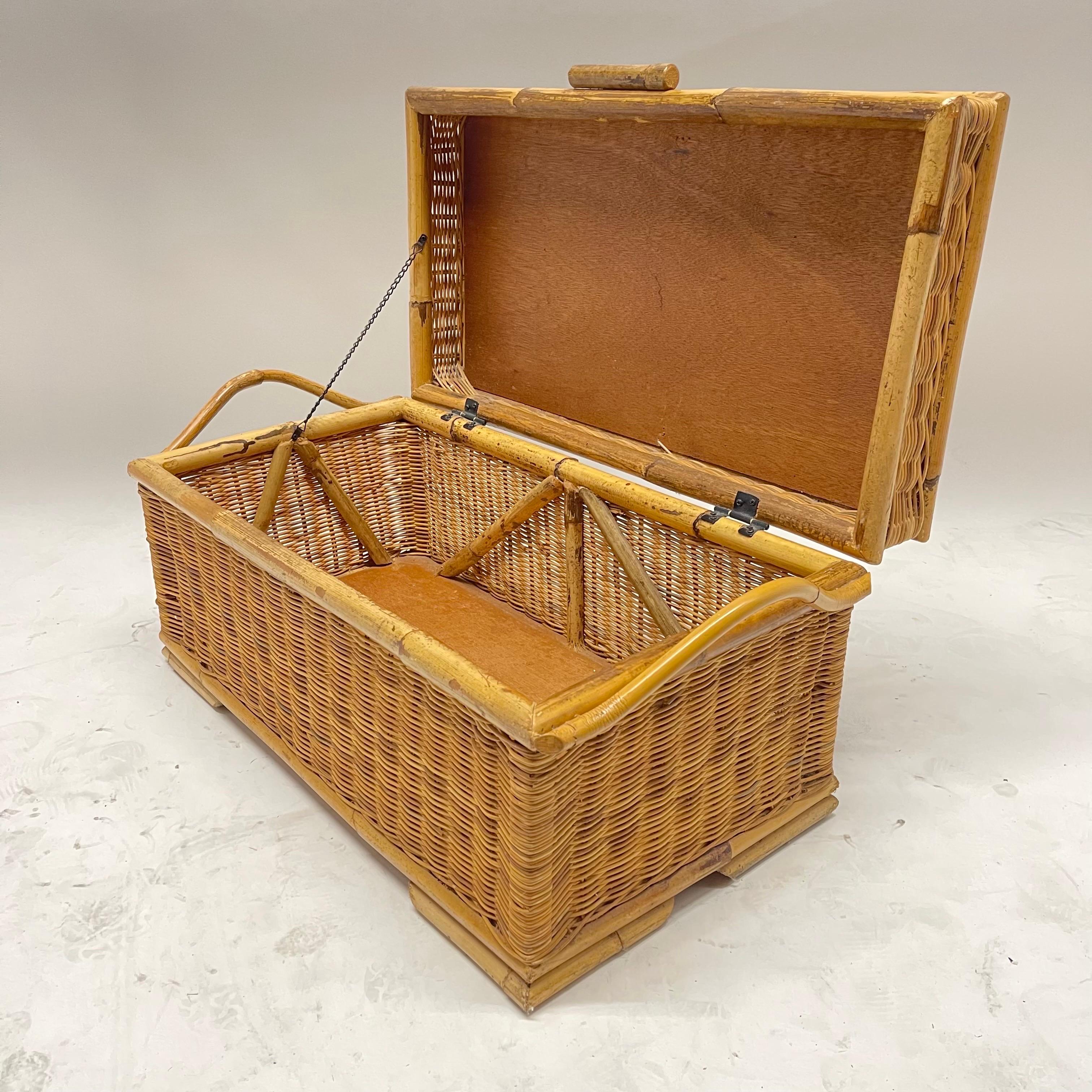 20th Century Mid Century French Riviera Wicker Bamboo and Rattan Trunk or Blanket Toy Chest For Sale