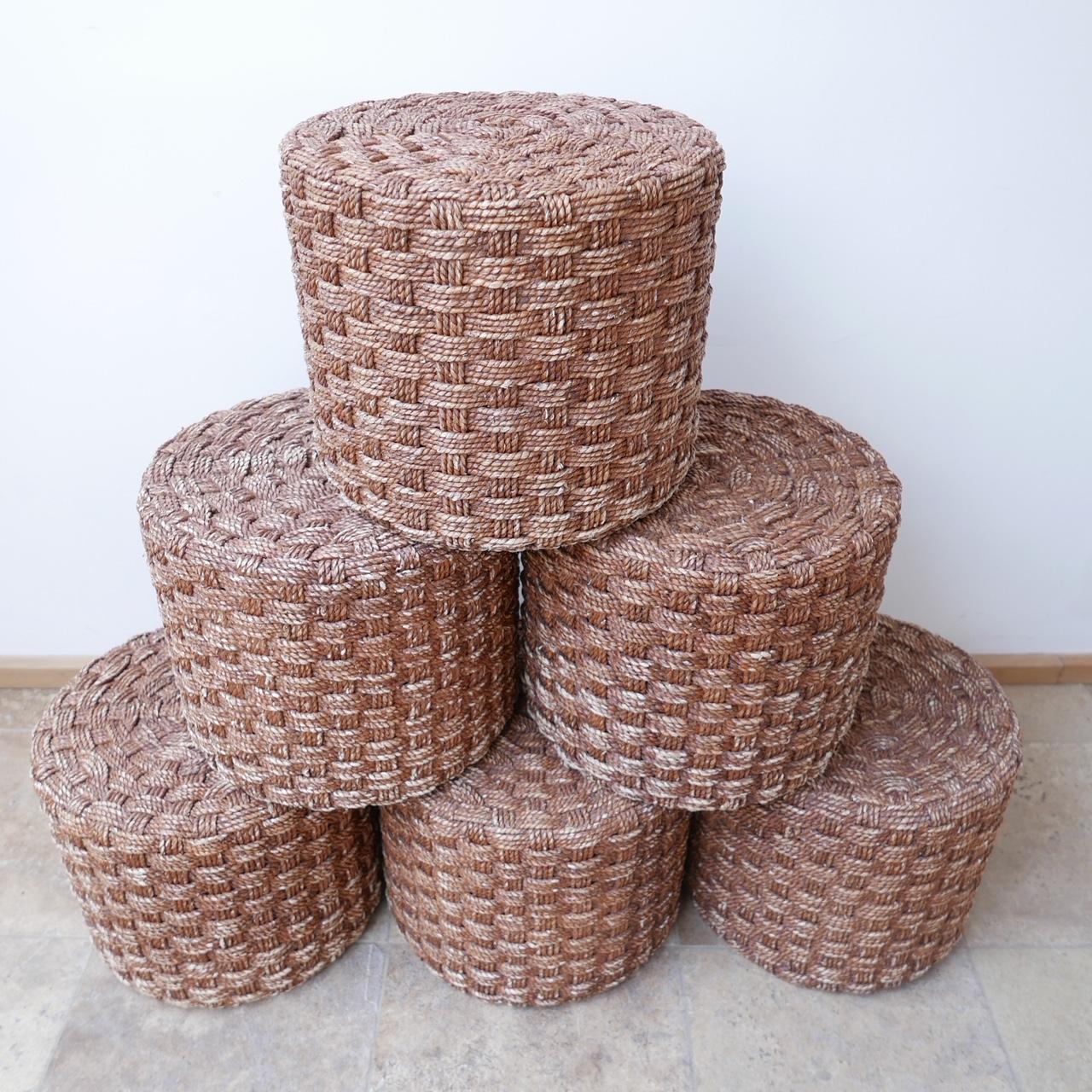Rope work mid-century stools or side tables. 

Attributed to Audoux-Minet. 

France, c1960s. 

Good condition, wear commensurate with age. 

Priced and sold individually.

Six available. 

Dimensions: 36 height x 40 diameter in