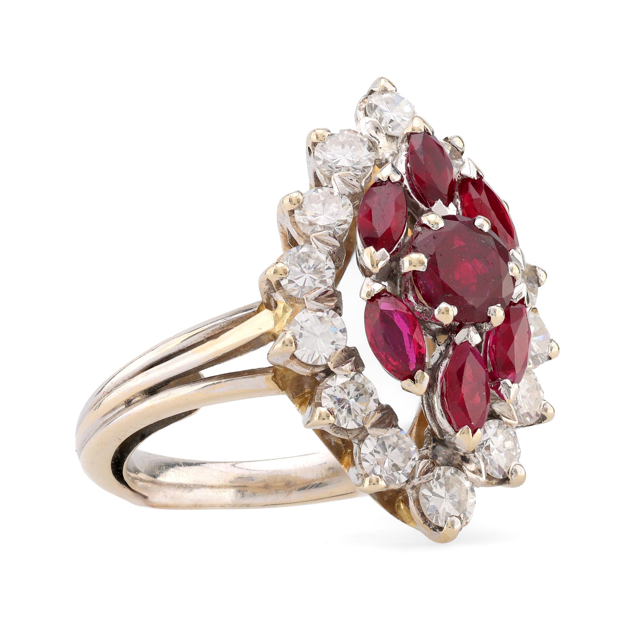 Modern Mid Century French Ruby Diamond 18K White Gold Navette Ring For Sale