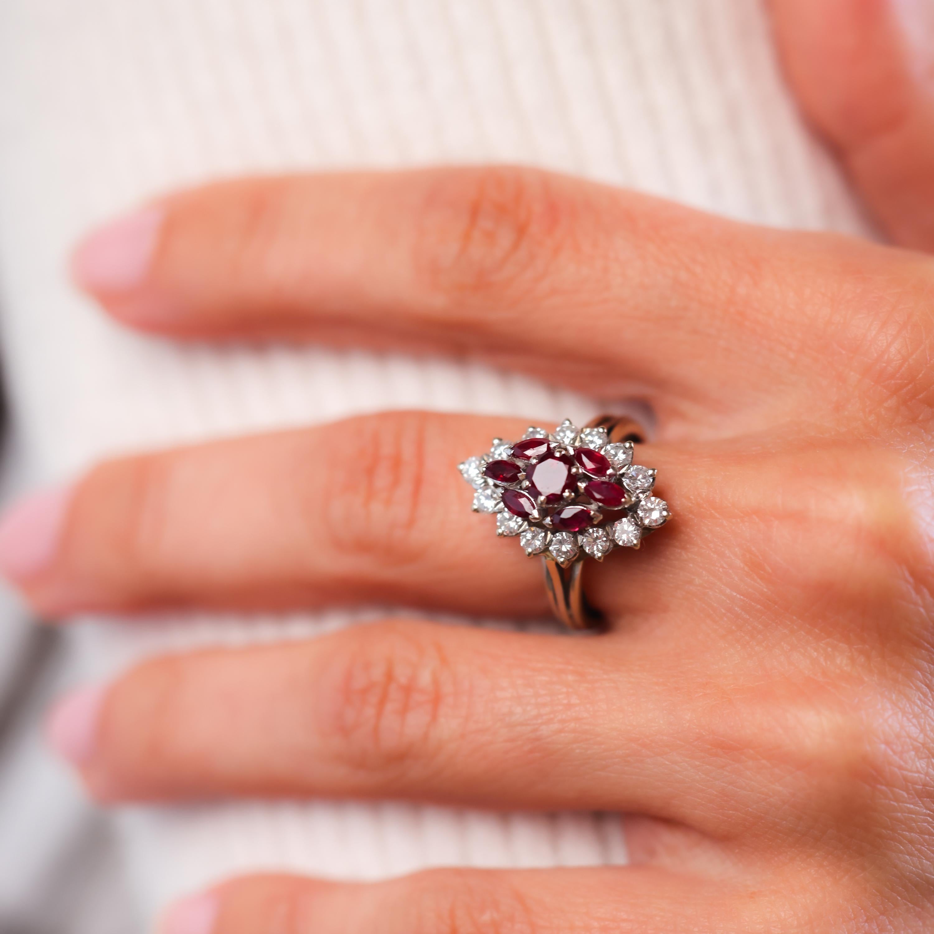 Brilliant Cut Mid Century French Ruby Diamond 18K White Gold Navette Ring For Sale