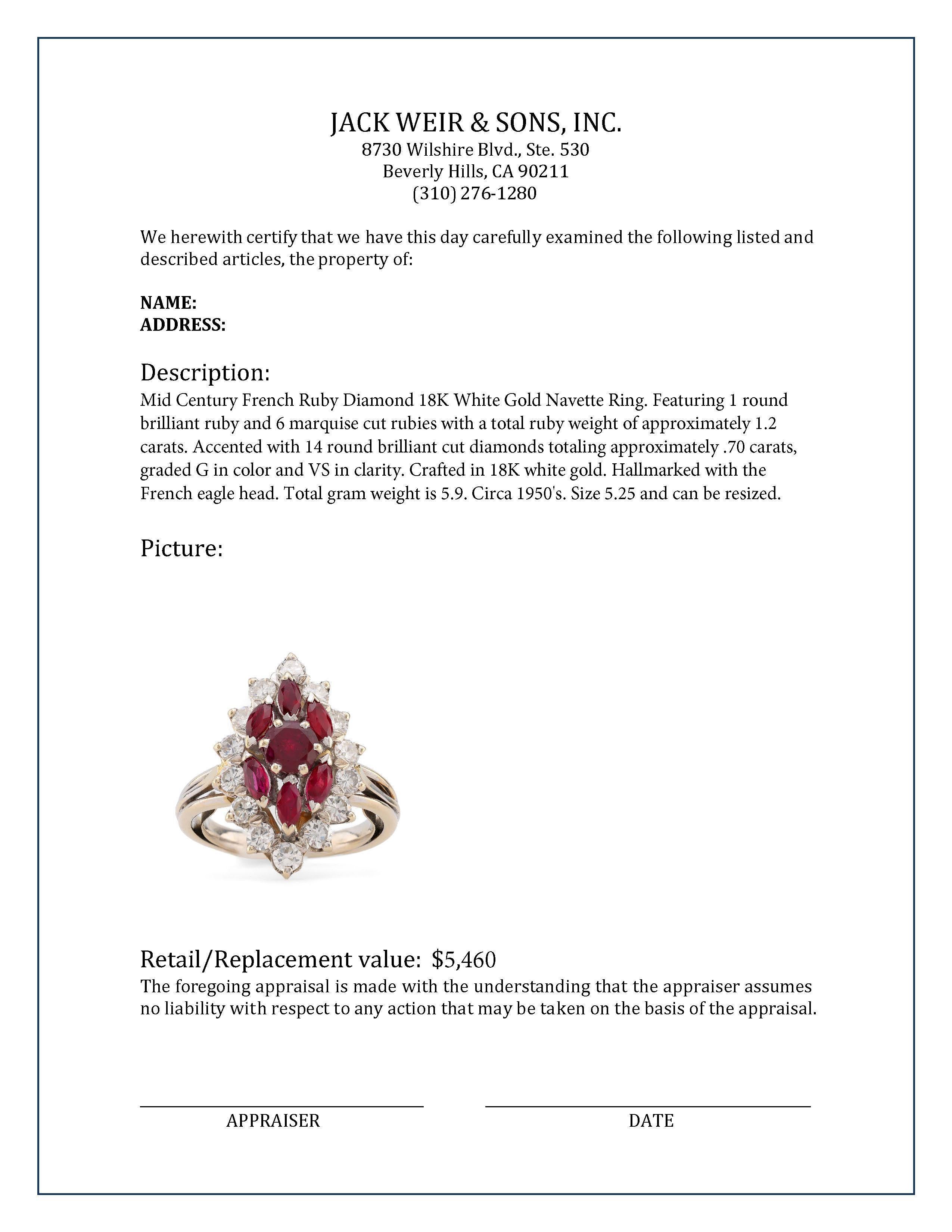 Mid Century French Ruby Diamond 18K White Gold Navette Ring In Excellent Condition For Sale In Beverly Hills, CA