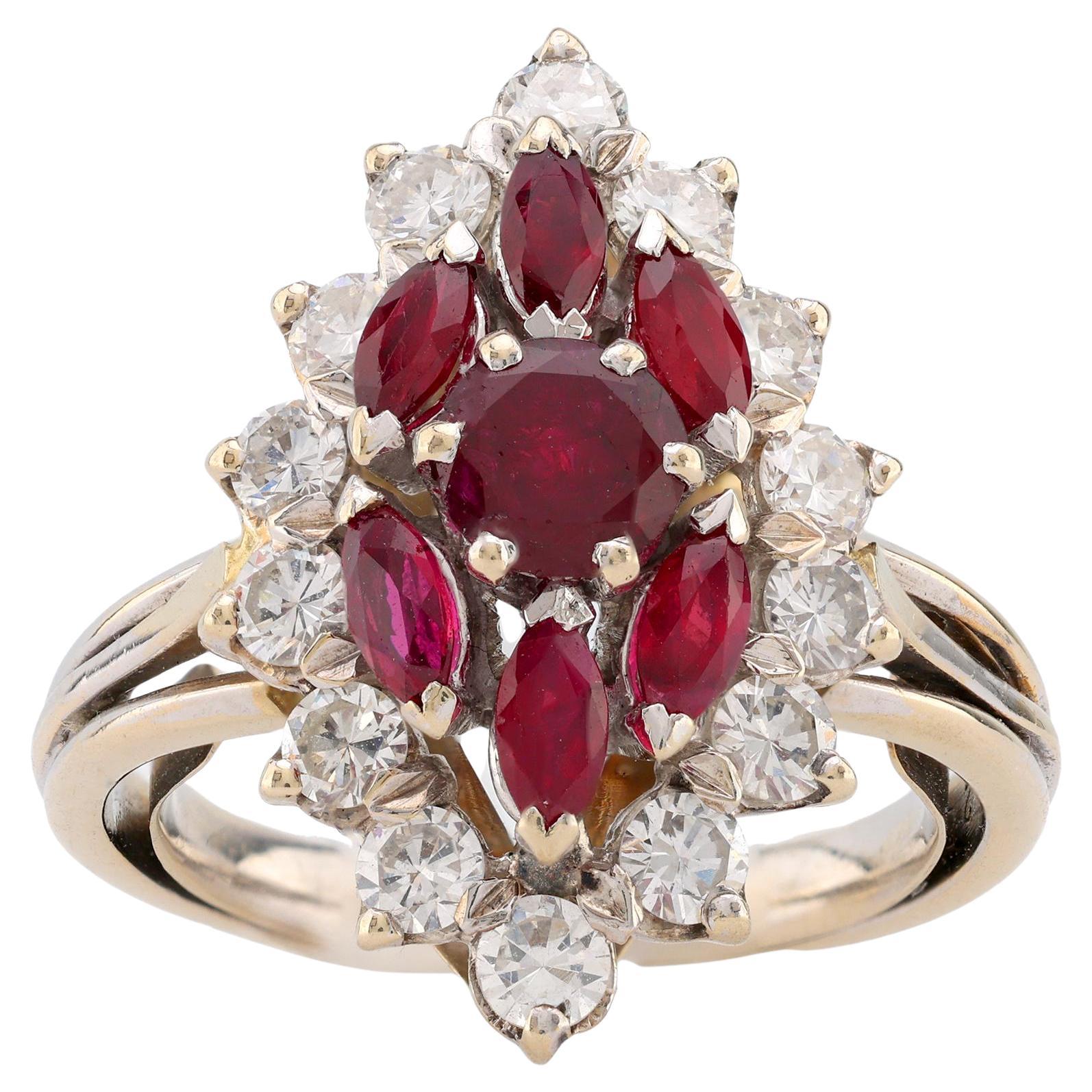 Mid Century French Ruby Diamond 18K White Gold Navette Ring