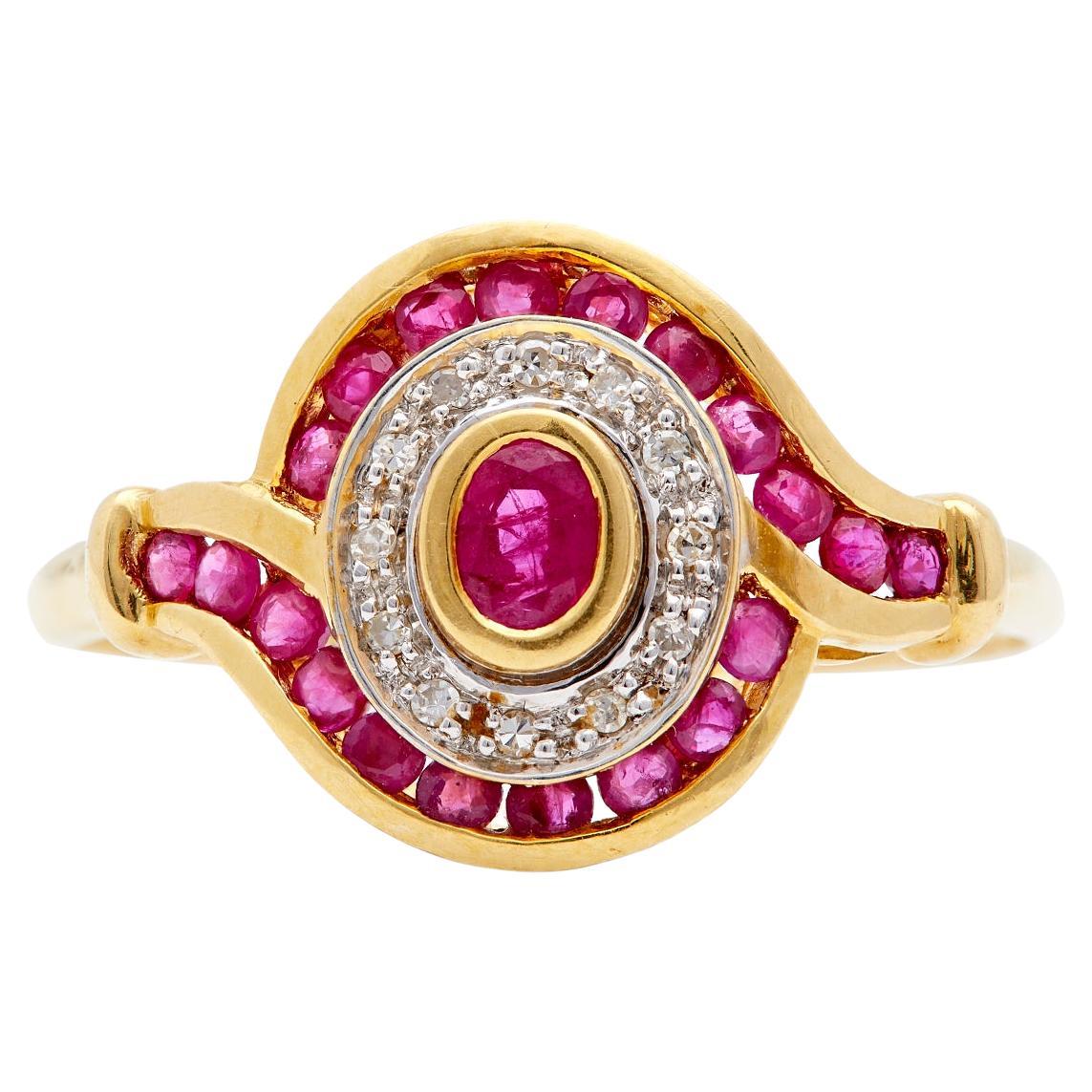 Midcentury French Ruby Diamond 18k Yellow Gold Tourbillion Swirl Ring For Sale