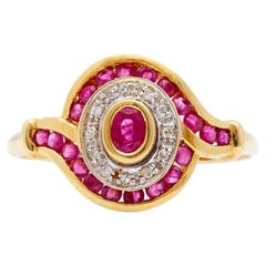Midcentury French Ruby Diamond 18k Yellow Gold Tourbillion Swirl Ring