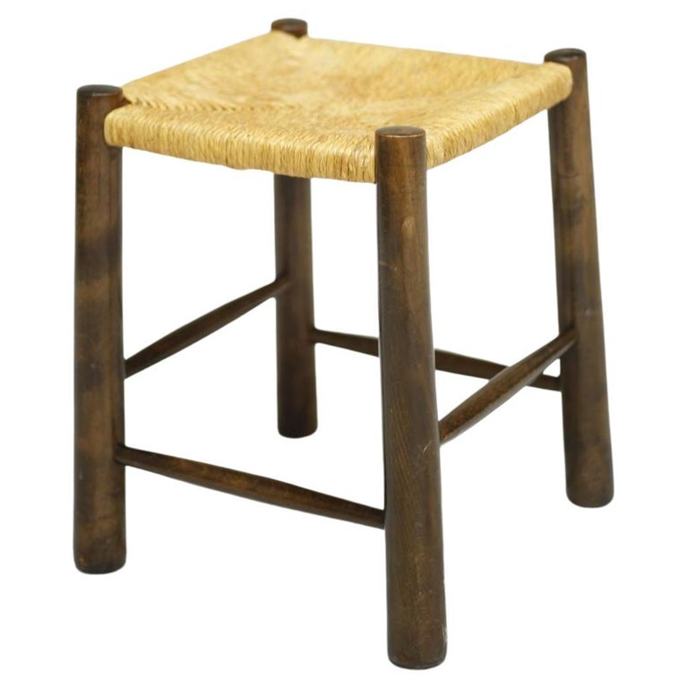 Mid Century French Rush Seated Stool For Sale at 1stDibs