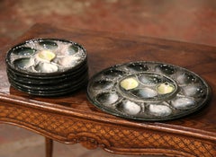 Mid-Century French Saint Clement Barbotine Faience Oyster Plates '6' and Dish